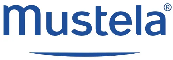 Il logo Mustela è scritto in blu con una linea blu sottostante. Il simbolo del marchio registrato appare nell'angolo in alto a destra.