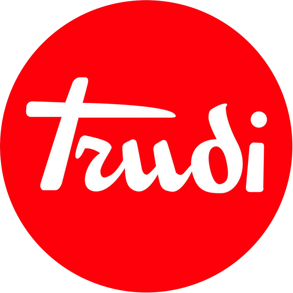 Logo di Trudi, un carattere corsivo bianco su un cerchio rosso.