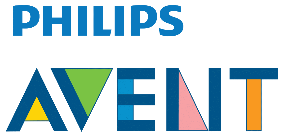 Logo Philips Avent, con il nome Philips in blu sopra il testo Avent, dove ogni lettera è parzialmente colorata con varie tonalità, ovvero giallo, verde, rosa e arancione.