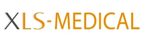 Logo XLS-MEDICAL in grigio scuro e oro.