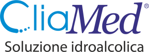 Logo per CliaMed, testo blu e blu scuro su sfondo bianco. Il logo rappresenta una soluzione.