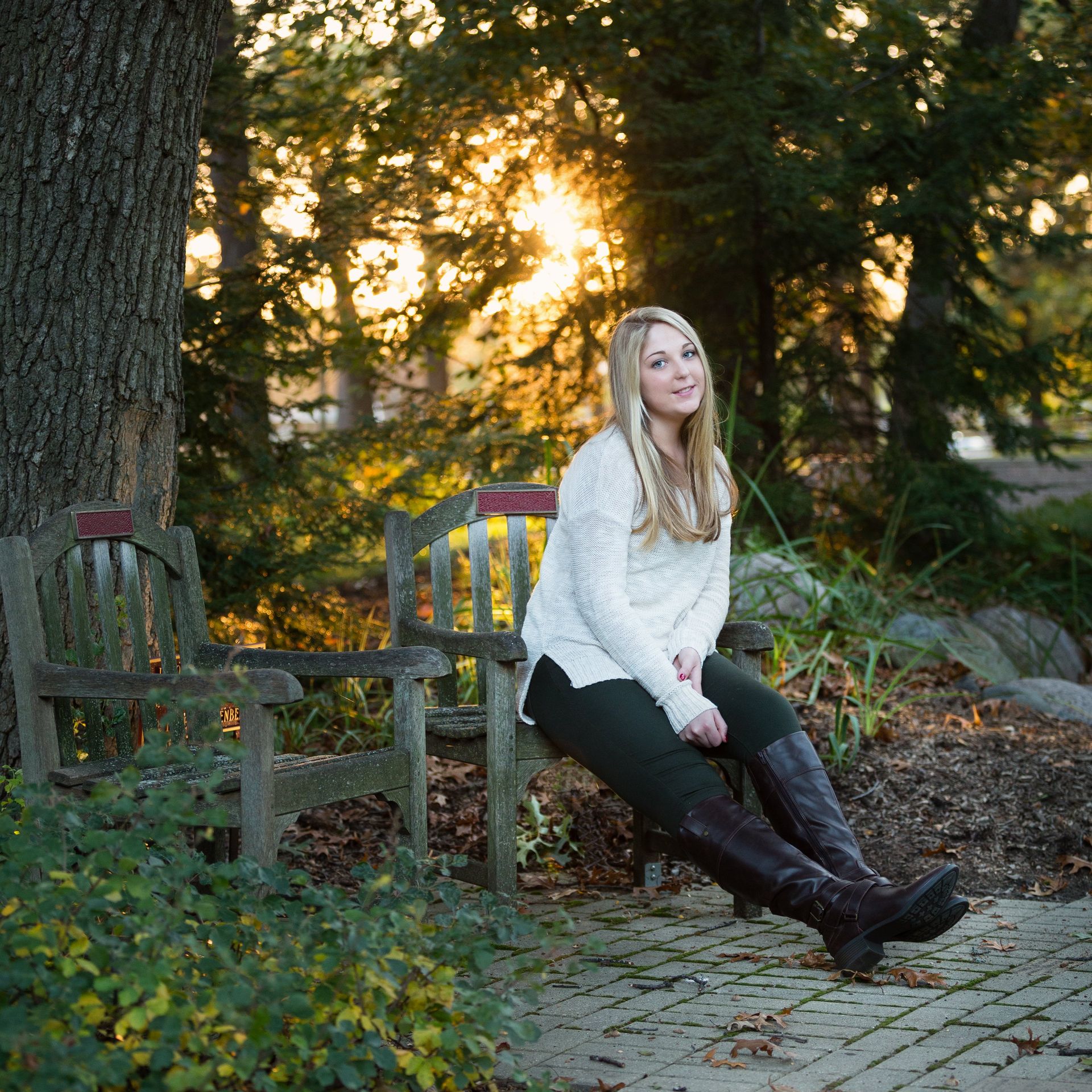 A woman is sitting on a bench in a park with the sun shining through the trees