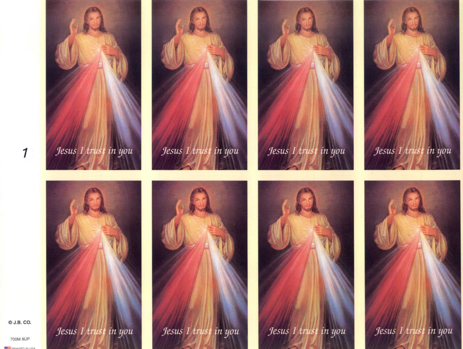 Eight copies of a religious portrait: Jesus with hands raised, rays of red, white, and blue light emanating. Text: Jesus I trust in You.