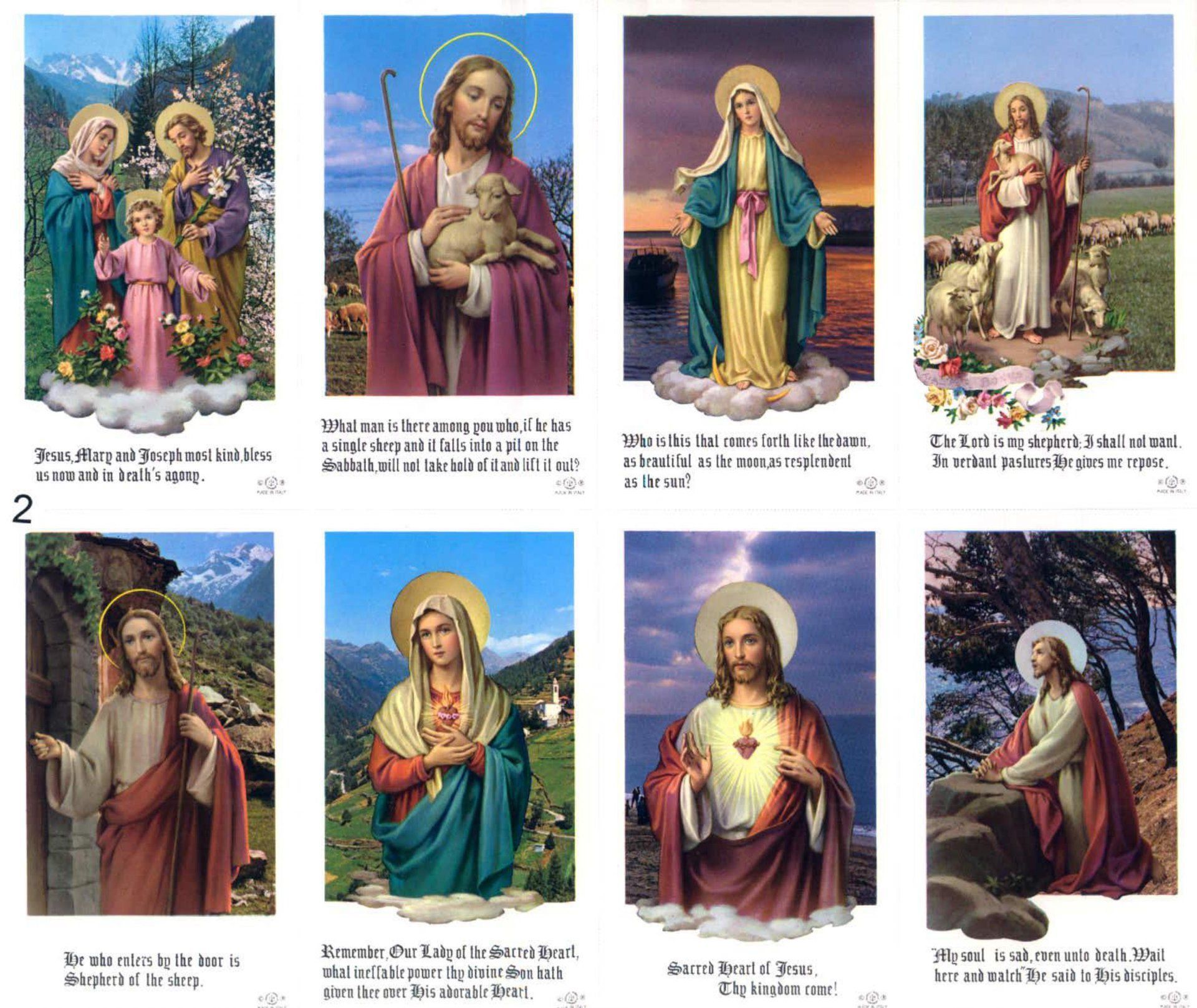 Eight religious icons depicting Jesus and Mary, each with a halo, in various settings.