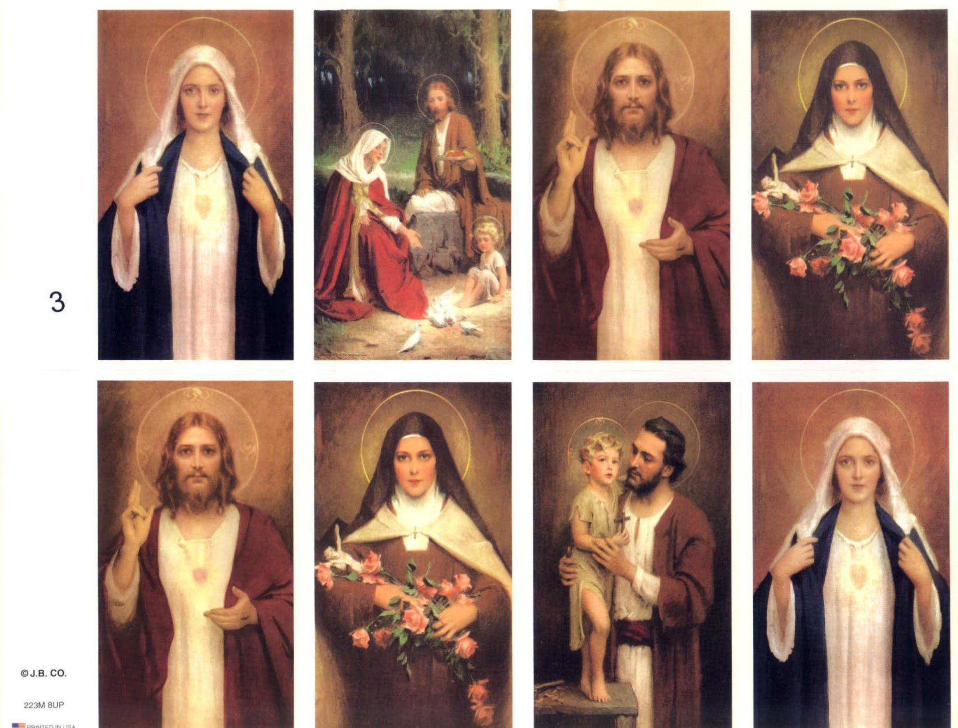 Eight religious portraits: Mary, Jesus, St. Joseph, and saints. Figures have halos, white clothing, and robes.