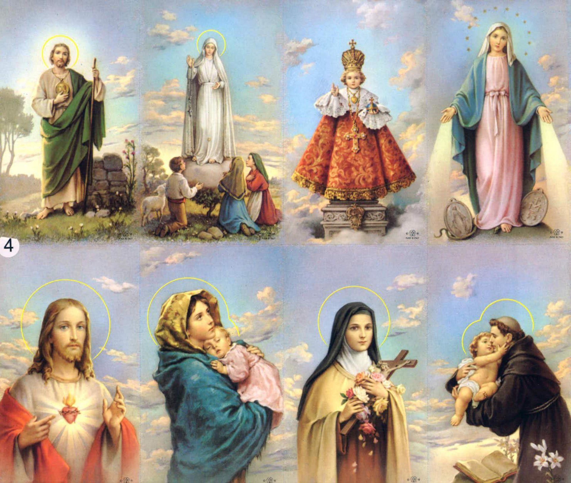 Eight religious figures: Jesus, Mary, saints, and angels, in vibrant colors.