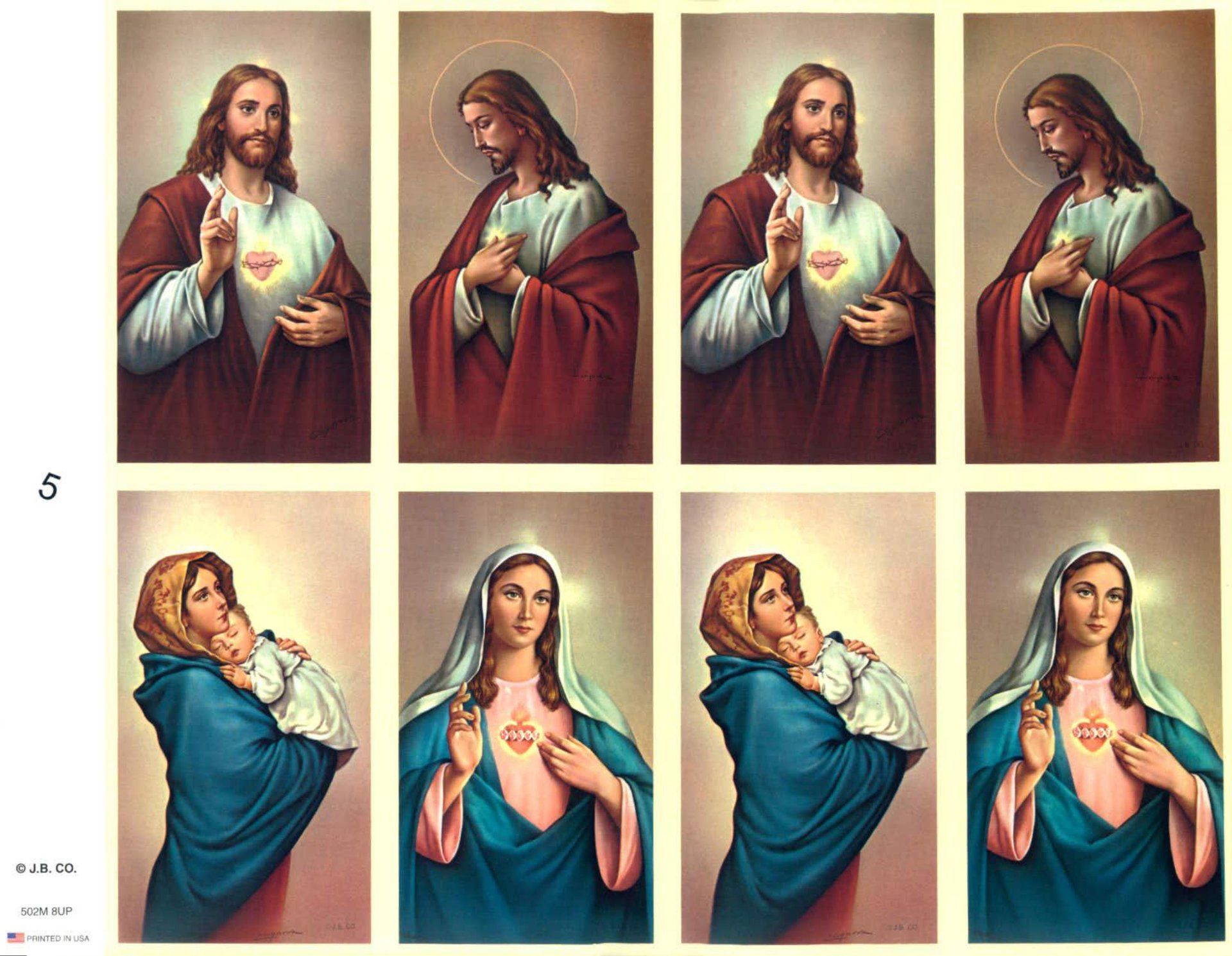 Eight religious depictions of Jesus and Mary, each with a glowing heart.