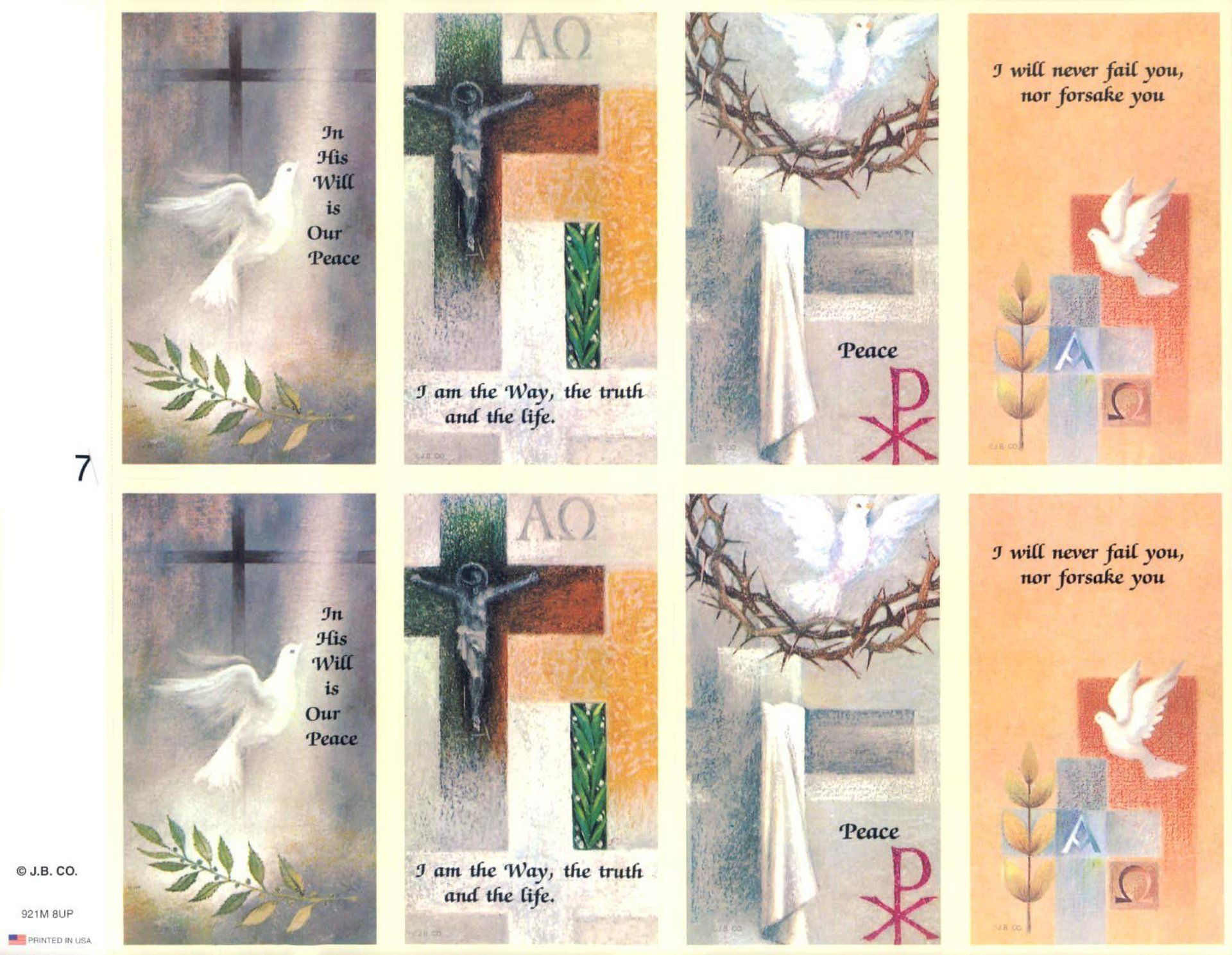 Religious bookmarks featuring crosses, doves, text, and symbols in pastel colors.