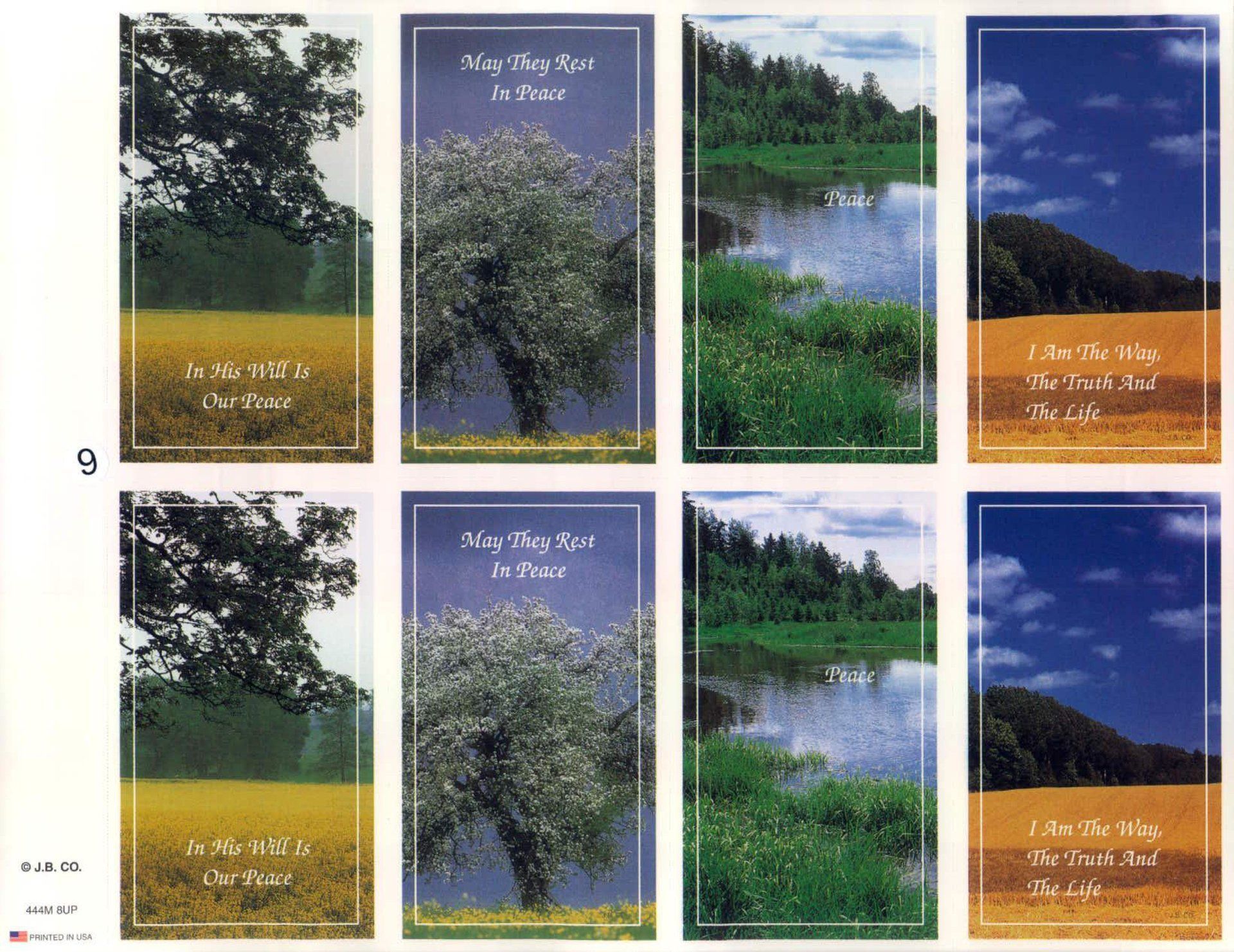 Eight religious bookmarks with nature scenes and text.