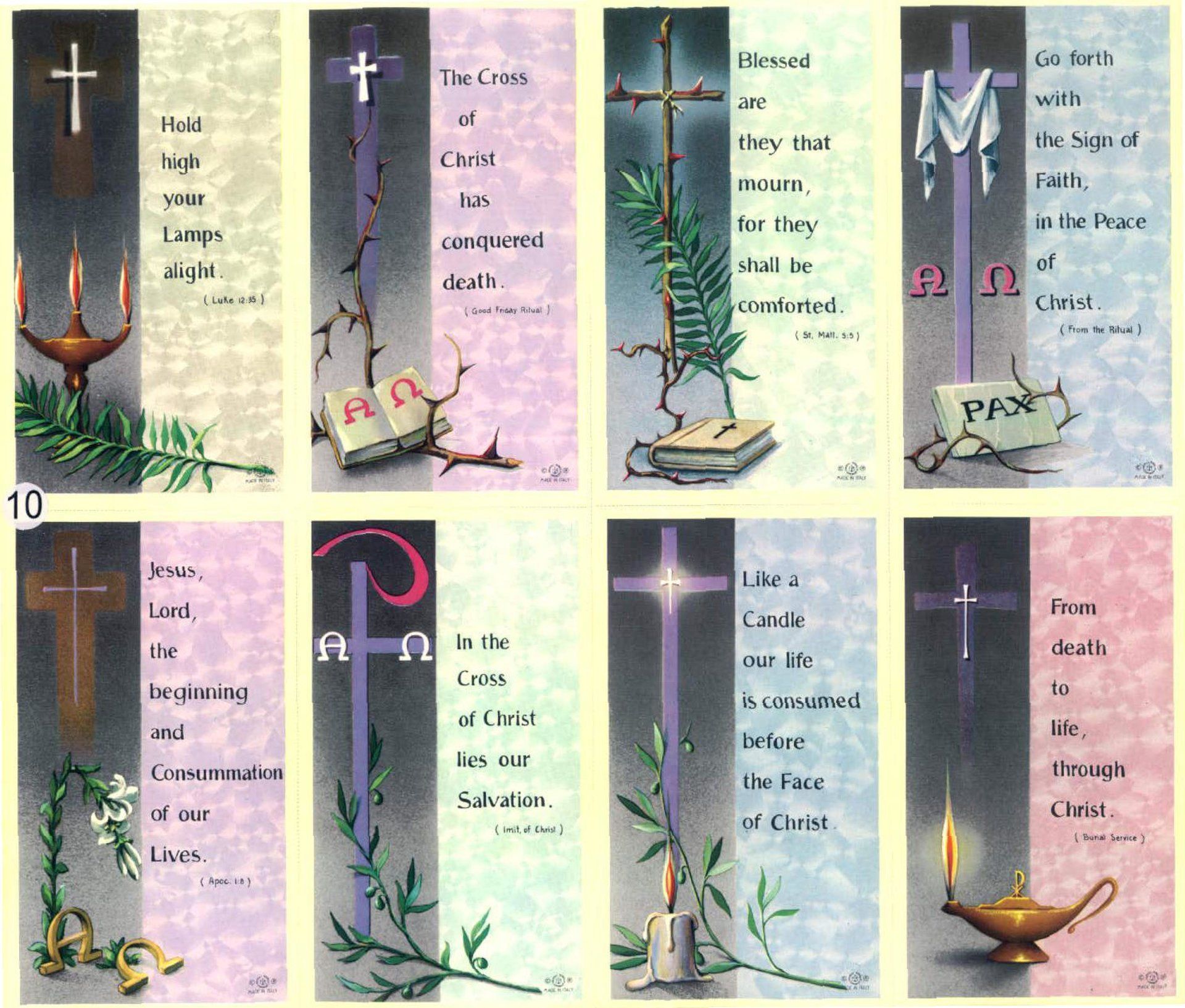 Eight religious bookmarks with crosses, quotes, and symbols.