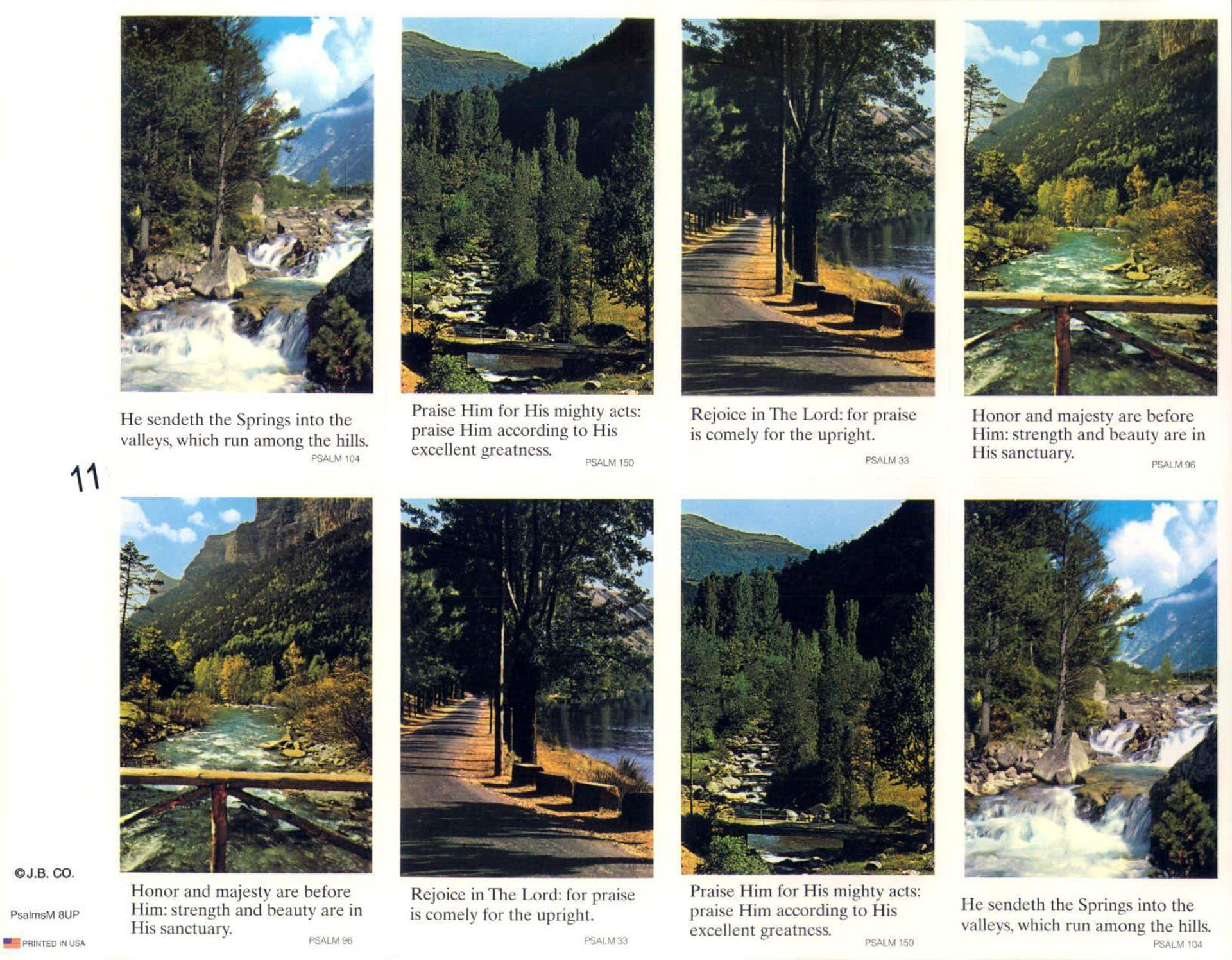 Eight landscape scenes with Bible verses. Waterfalls, trees, a road.
