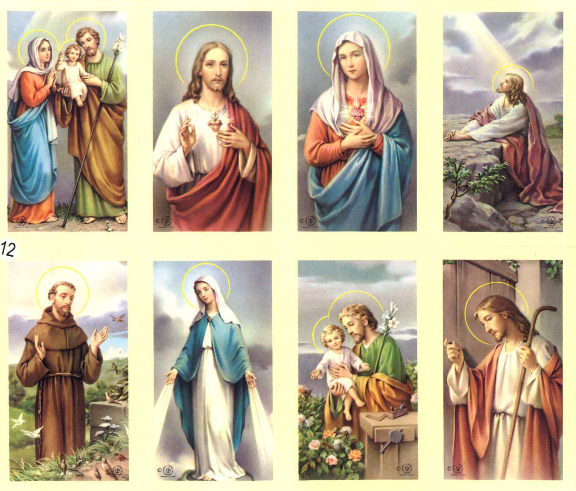 Eight religious figures: Holy Family, Jesus, Mary, Jesus praying, Saint Francis, Virgin Mary, Holy Family, and Jesus with an angel.