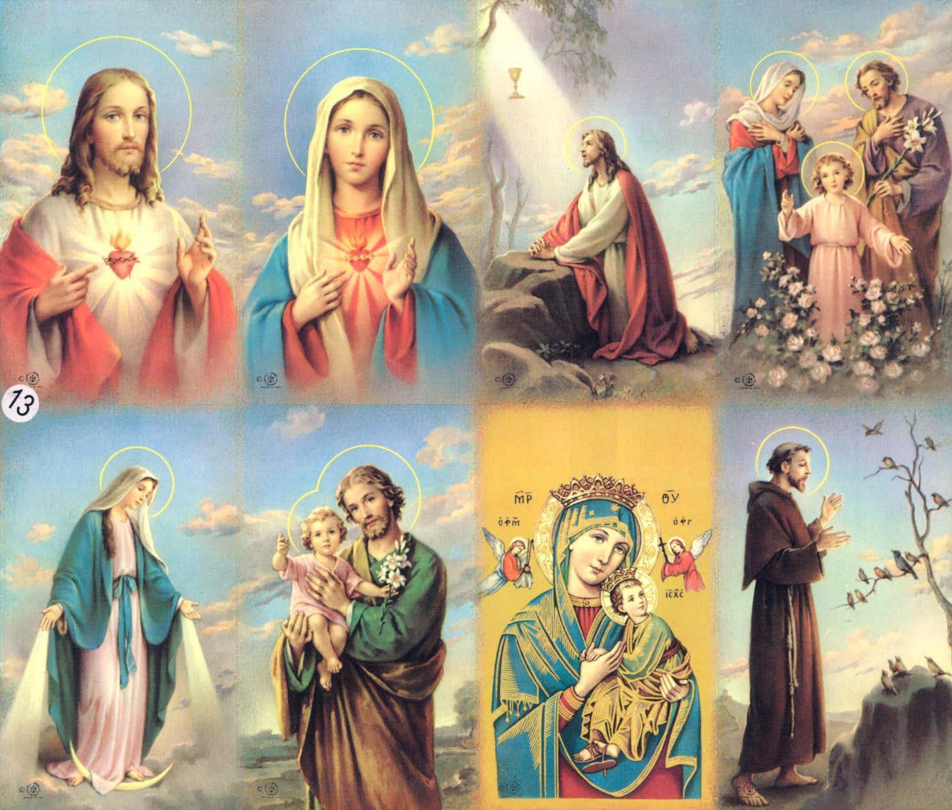 Religious figures: Jesus, Mary, and saints depicted in colorful, serene illustrations.