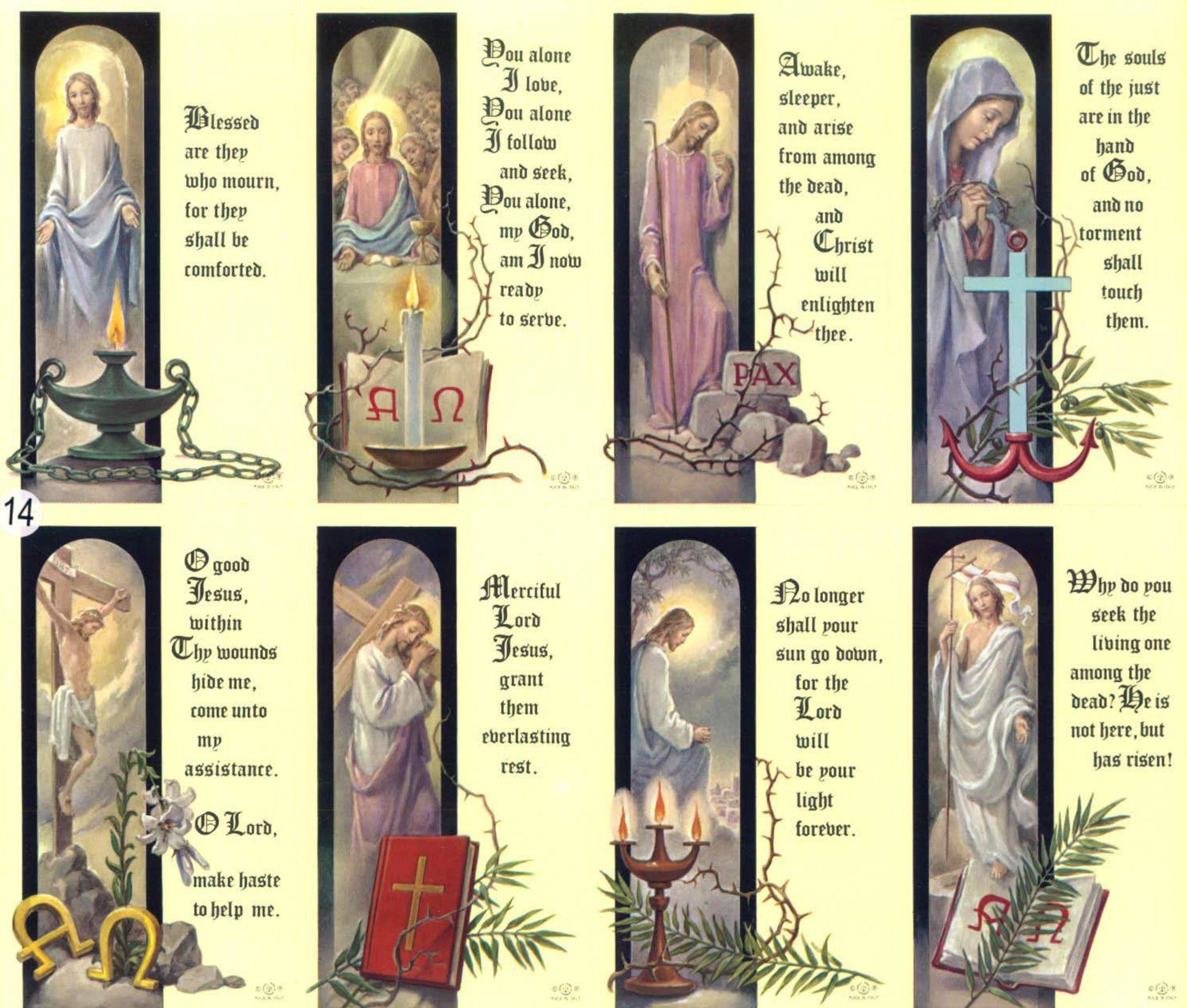 Religious bookmarks with Biblical figures. Jesus, Mary, and crosses are displayed.
