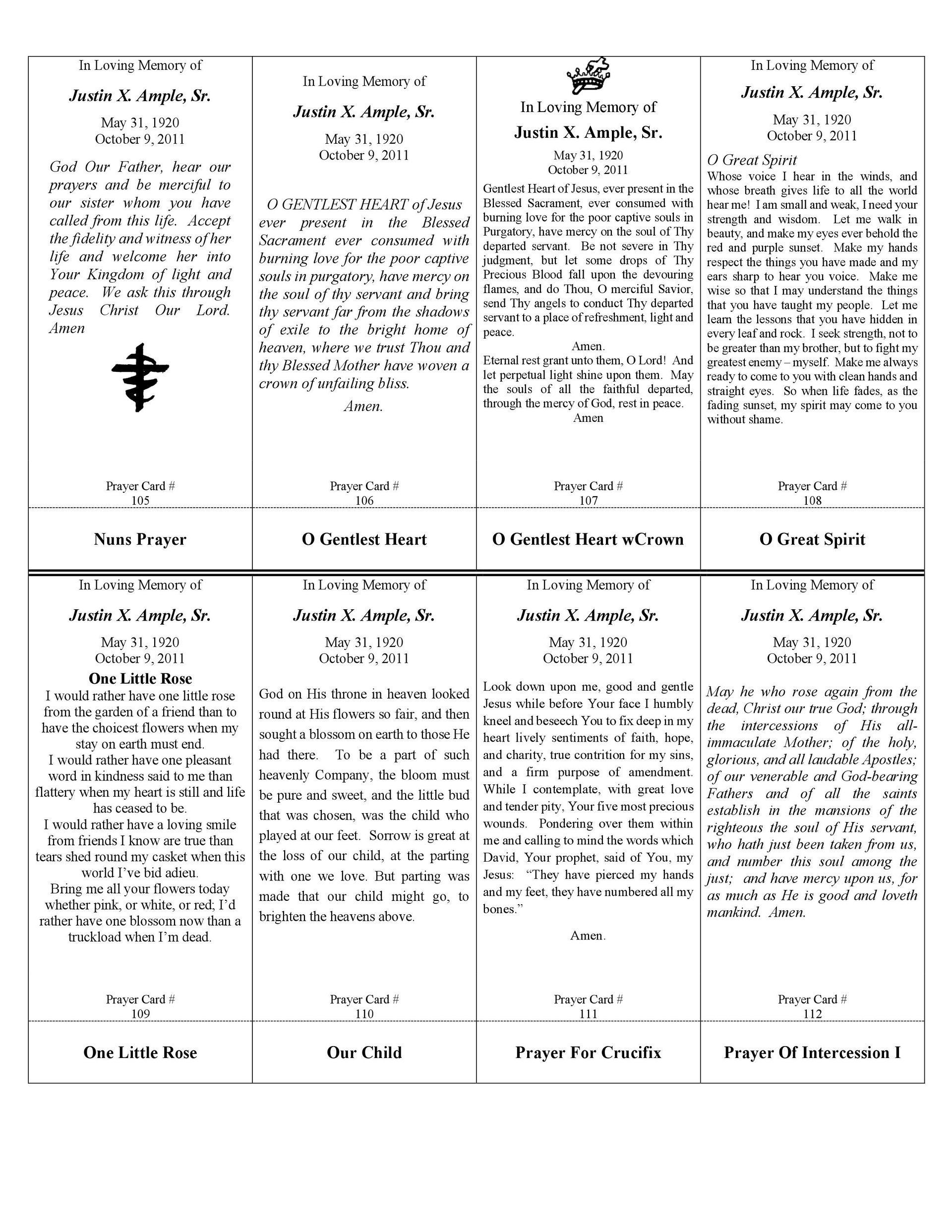 Religious pamphlet with text columns about faith, each section titled and dated. Includes a cross and dove symbols.