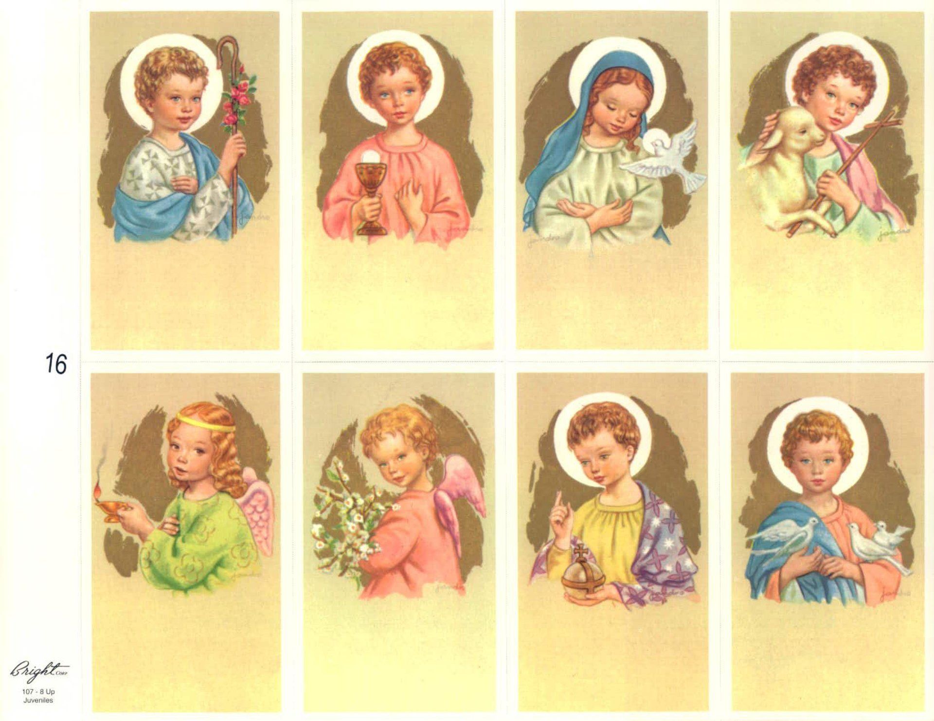 Eight religious cards with children and halos; gold backgrounds; various poses.