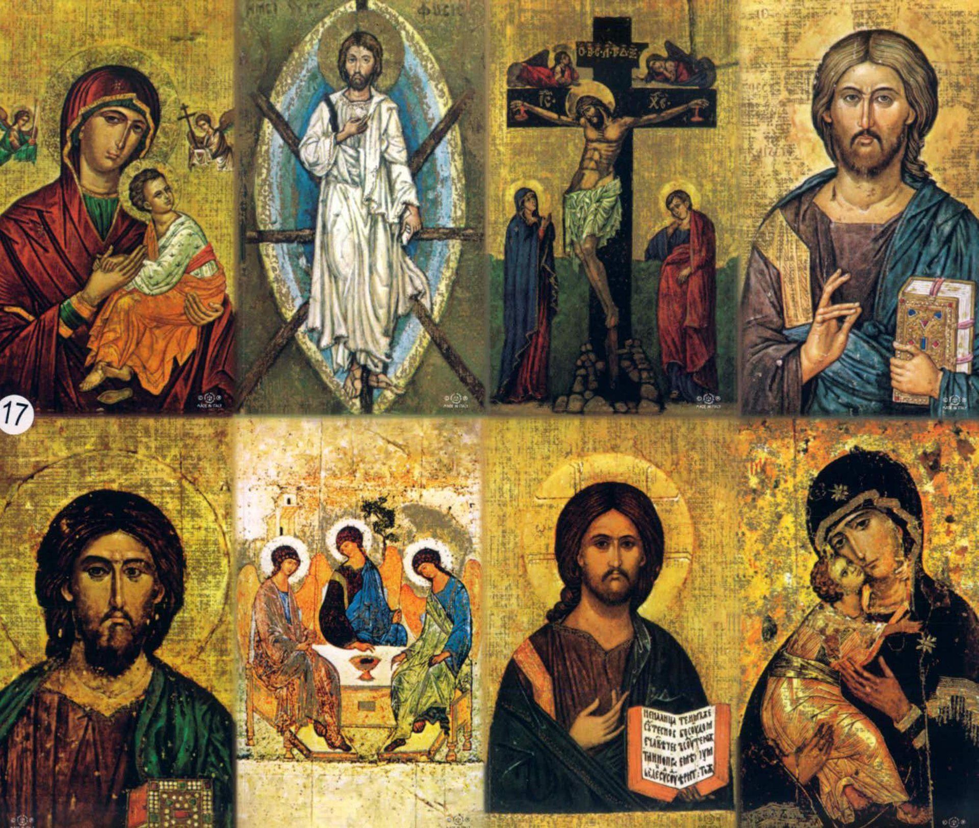 Religious icons featuring Jesus, Mary, crucifixion, and Holy Trinity. Gold backgrounds, various colors, solemn expressions.