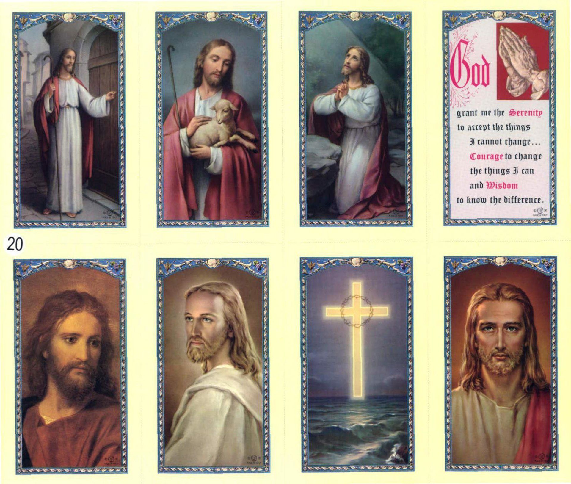 Collection of religious cards featuring Jesus in various poses and a prayer.