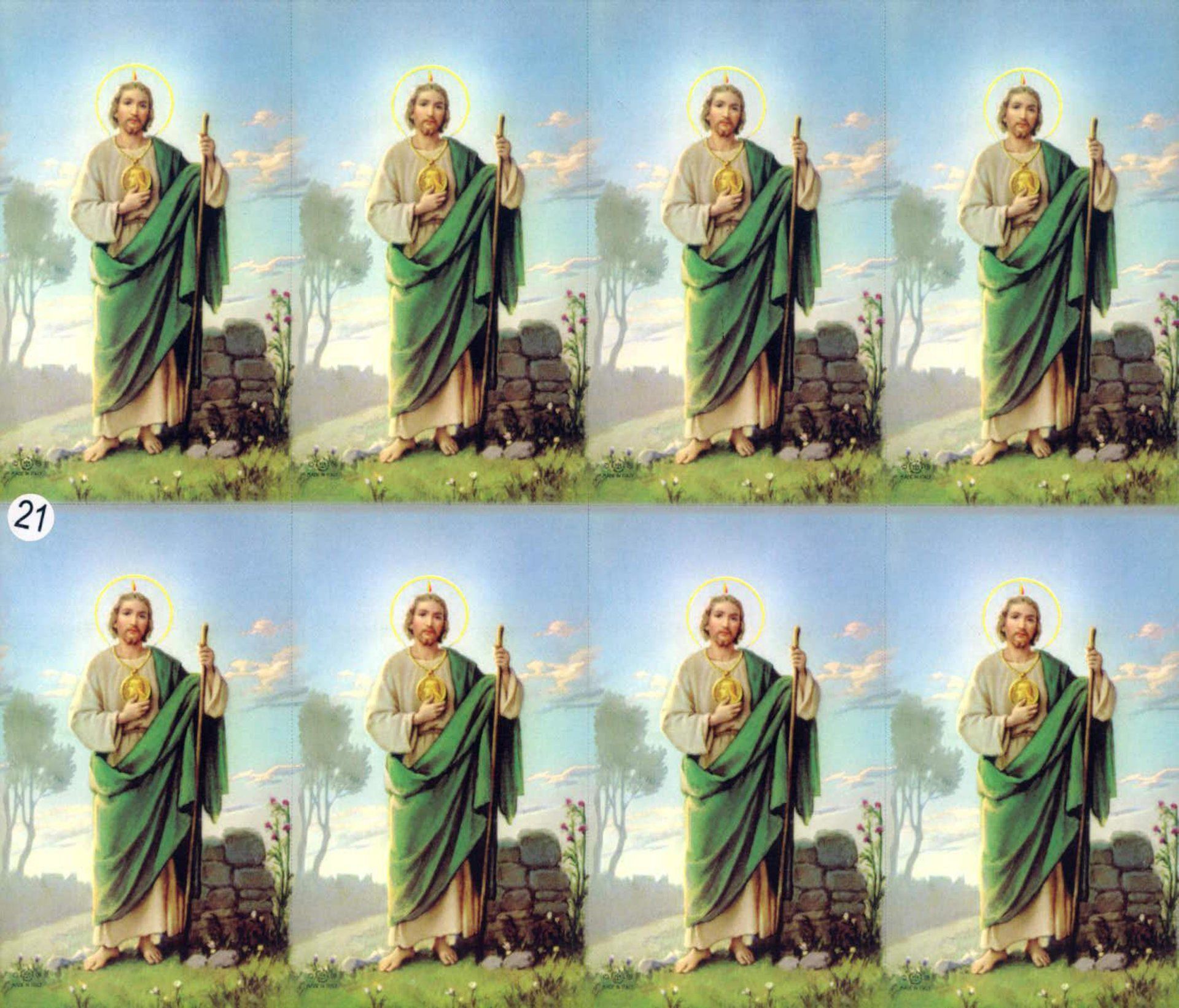 Eight similar paintings of Saint Jude with green and white clothing, holding a staff, outdoors.