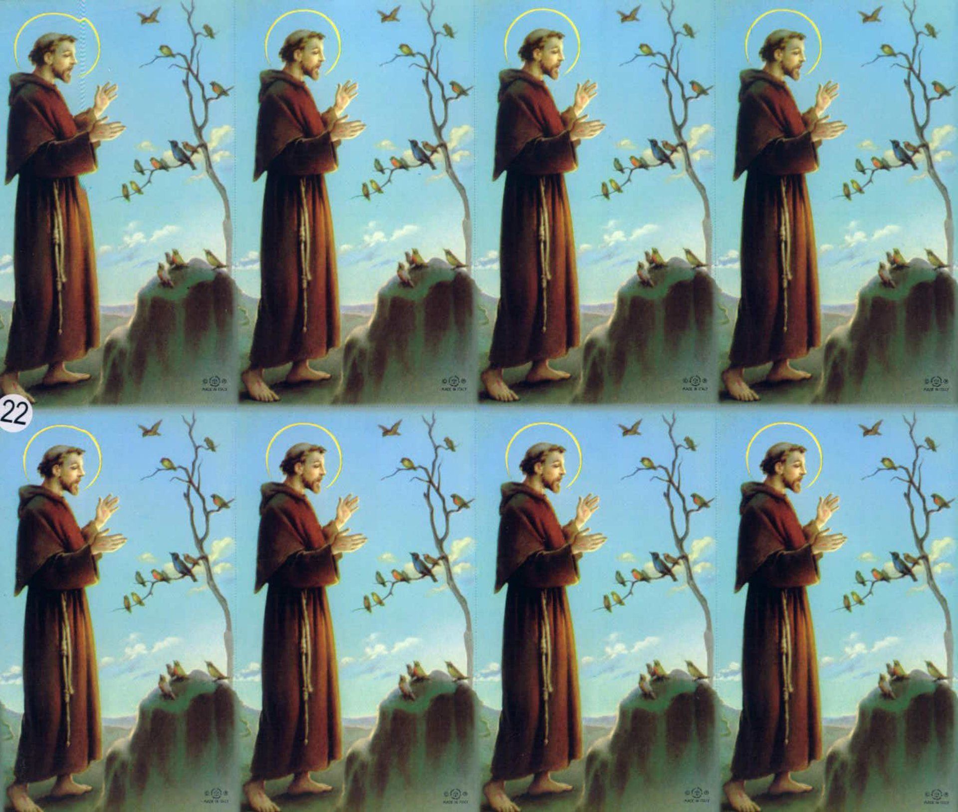 Twelve depictions of St. Francis in brown robes, halo, and prayerful gestures, with birds and nature.