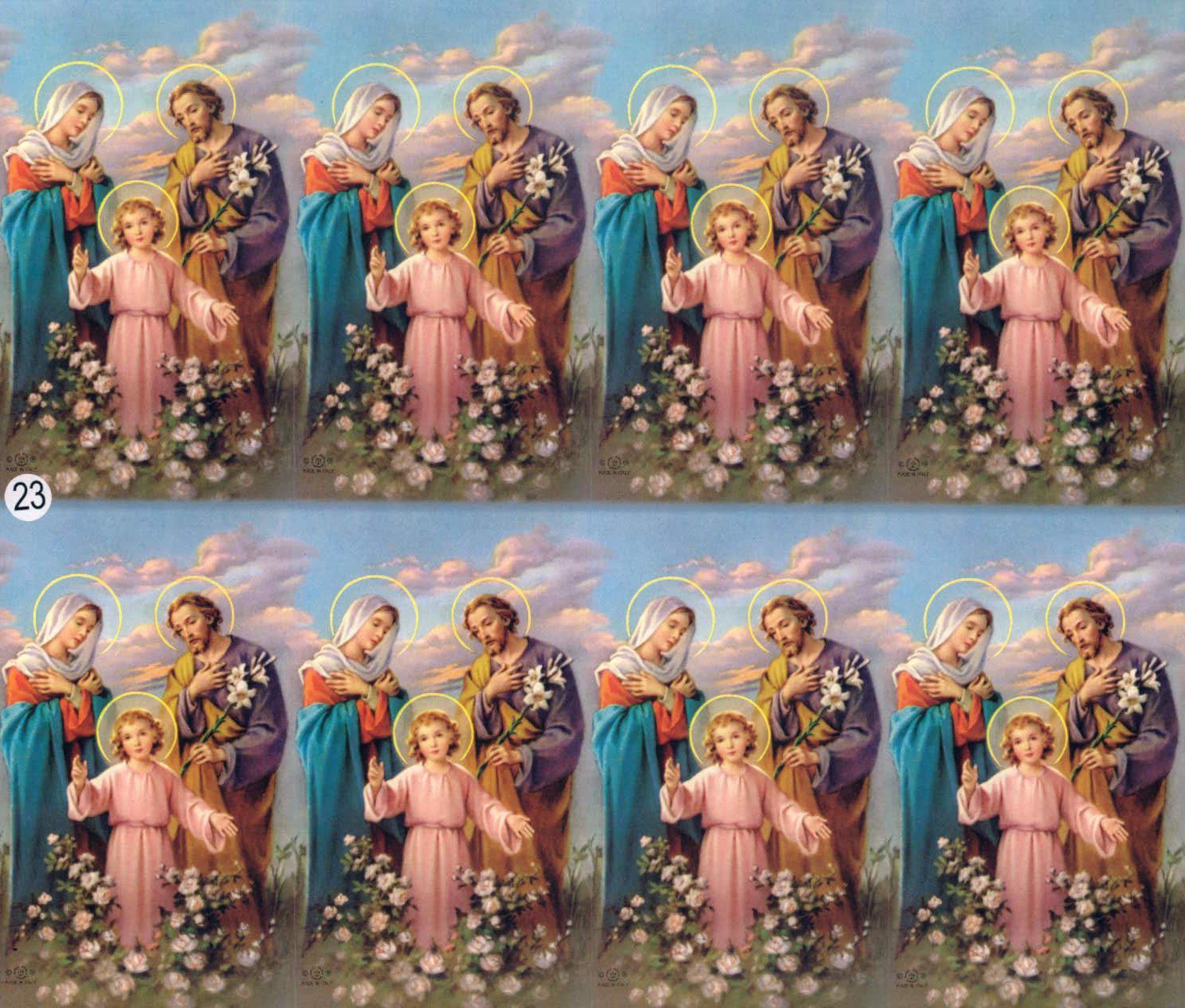 Holy Family portrait: Jesus, Mary, and Joseph in a garden with white flowers; blue sky background.