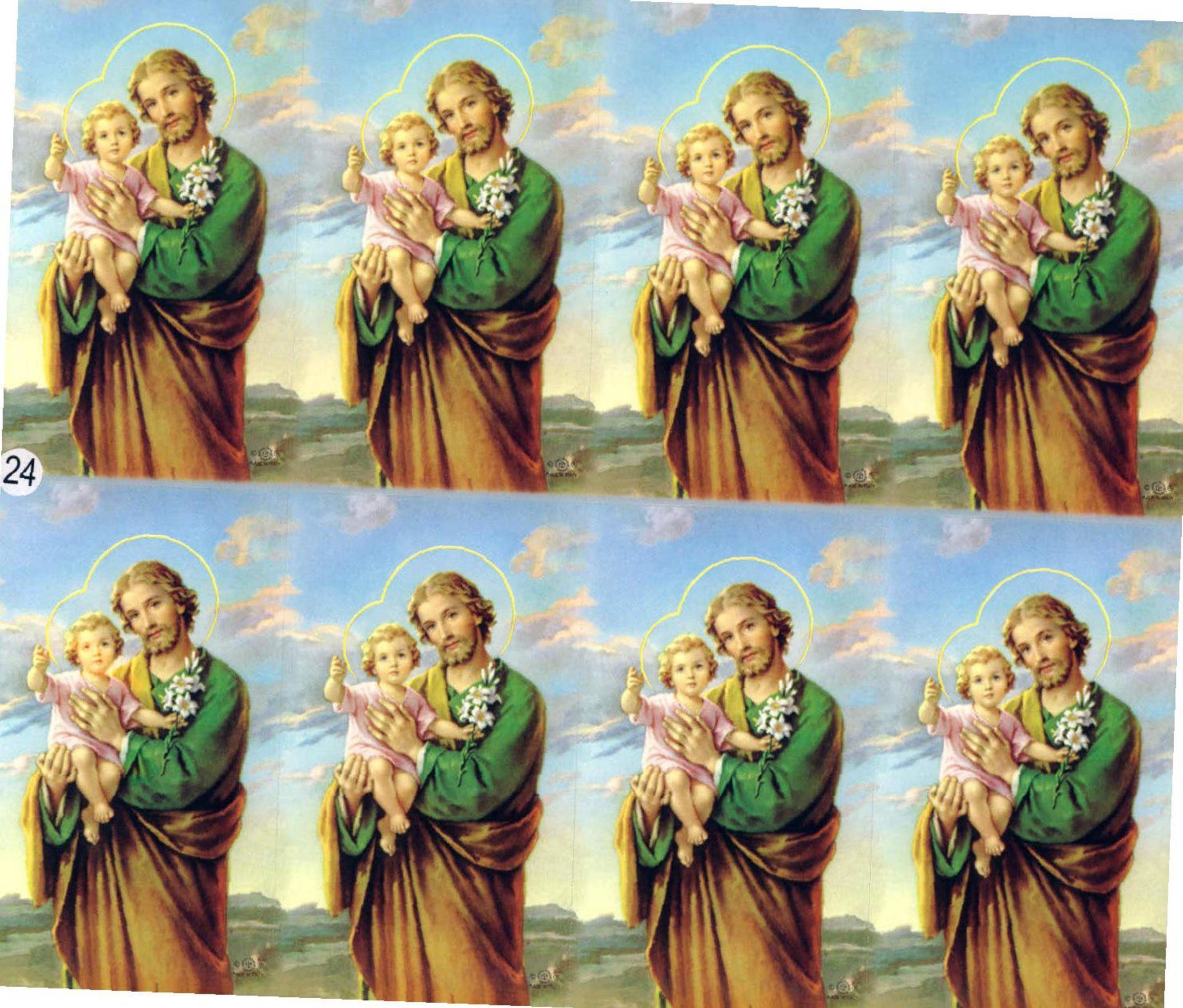 Eight identical depictions of Saint Joseph holding baby Jesus; both have halos.