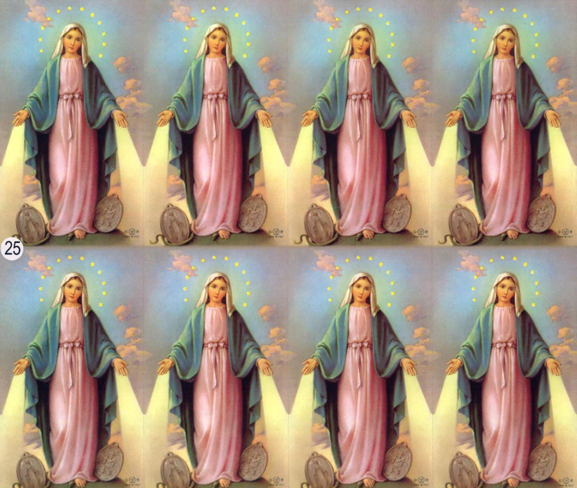 Eight images of Virgin Mary, hands outstretched, surrounded by golden light, wearing pink and blue robes.