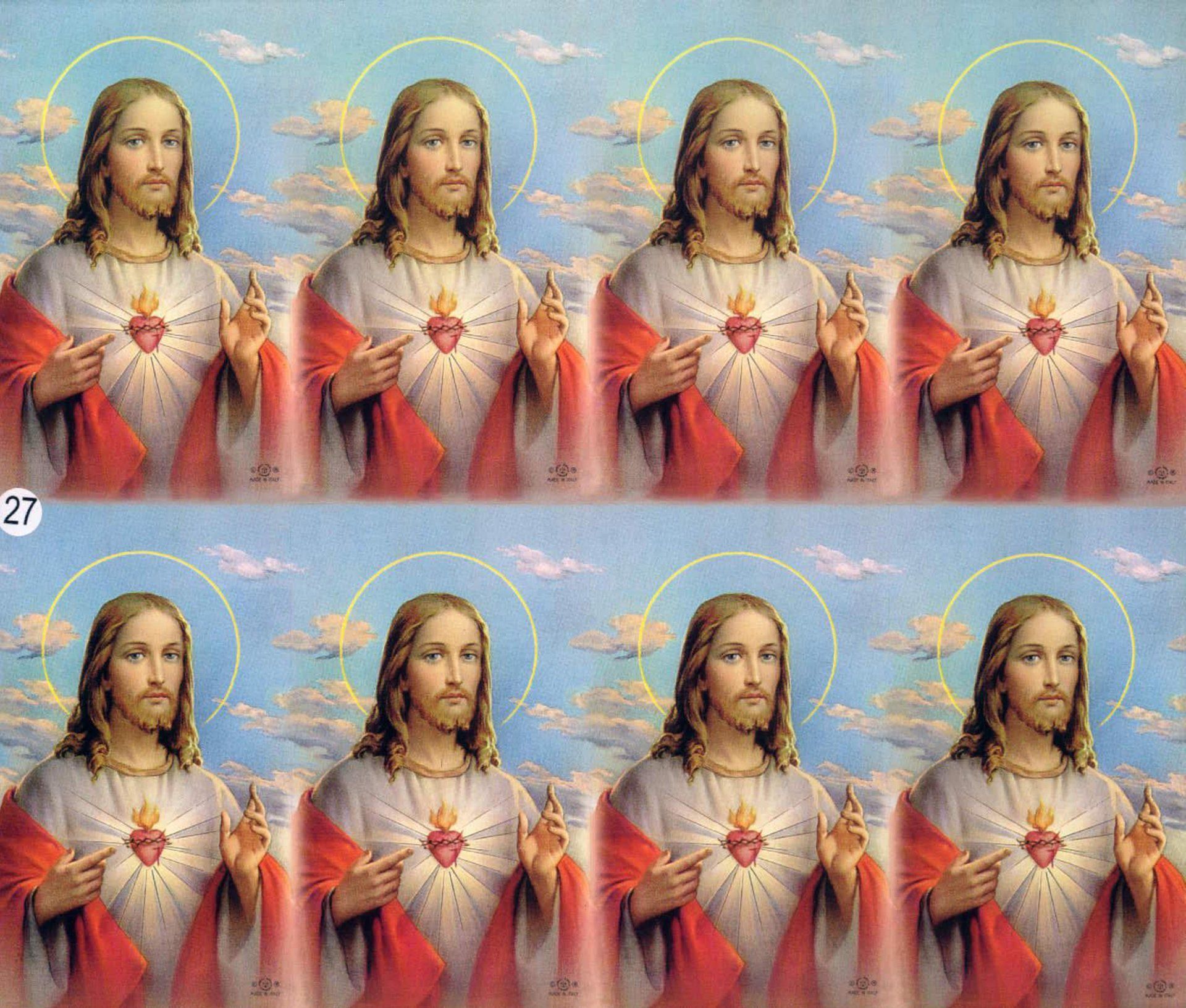 Eight depictions of Jesus Christ, each with a halo, pointing to his heart, against a blue sky.