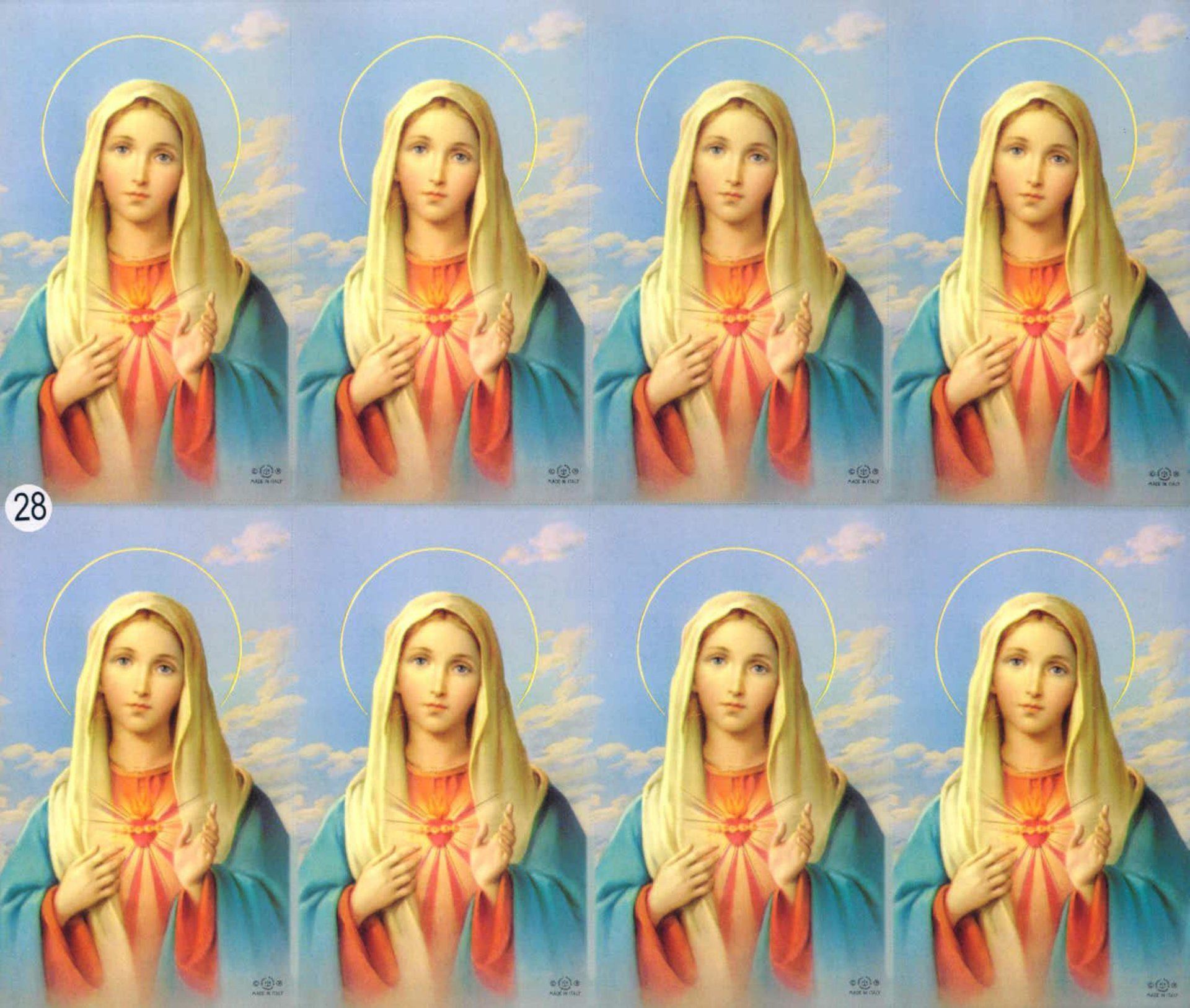 Eight identical illustrations of the Virgin Mary, with golden halo, hands on her chest, wearing blue and gold robes, clouds background.