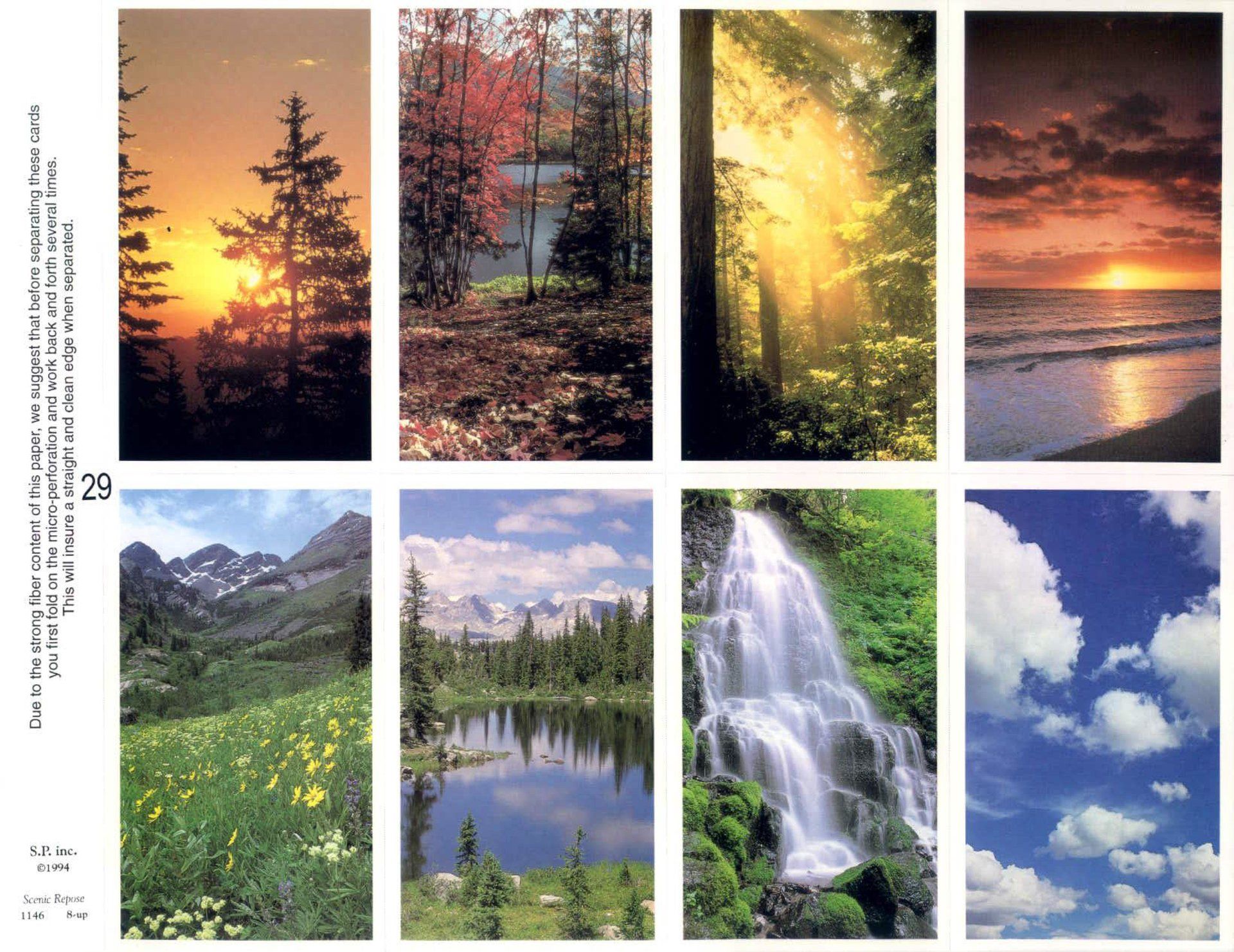 Eight nature scenes: sunset, autumn woods, sunlit forest, beach sunset, mountains with flowers, lake and mountains, waterfall, blue sky with clouds.