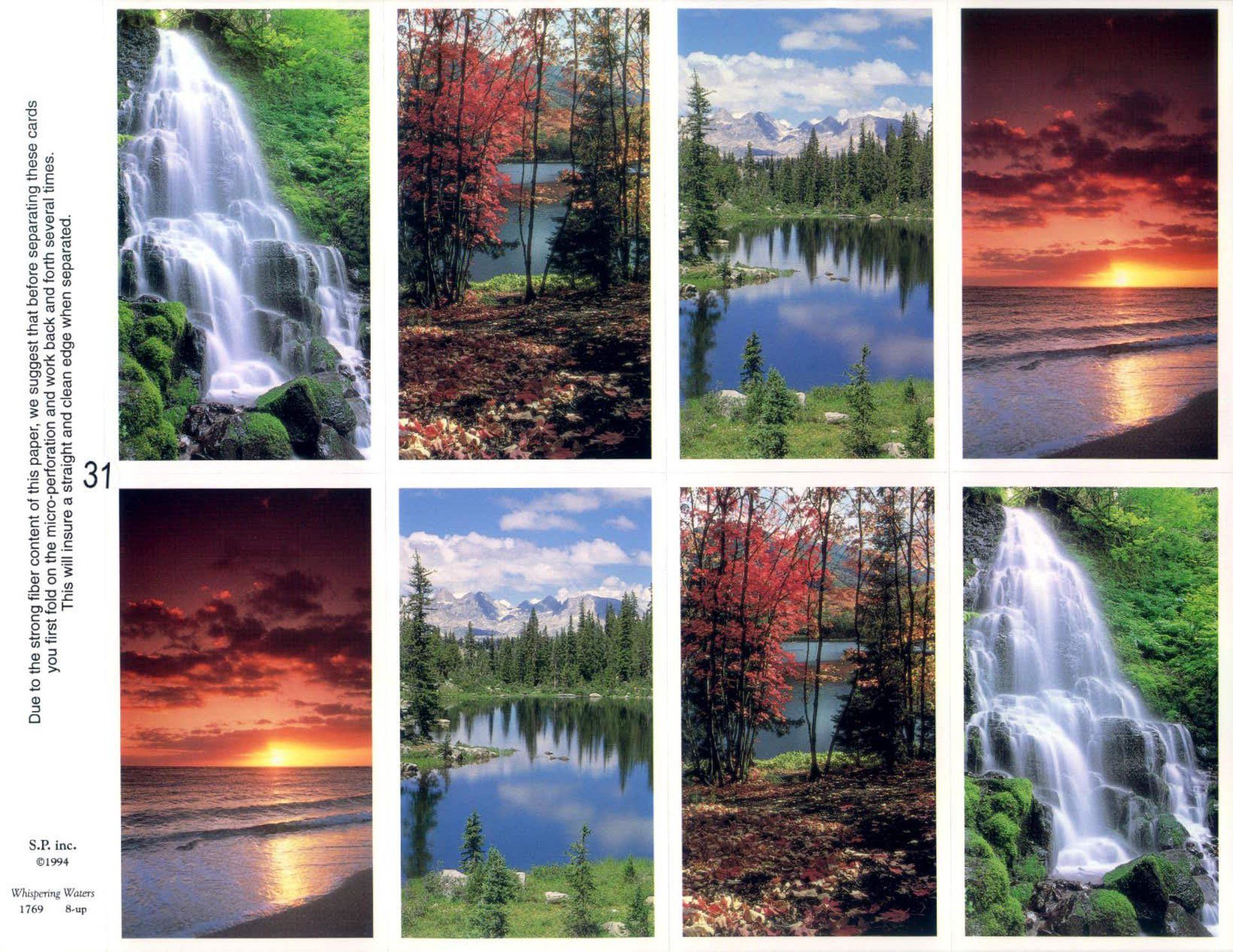 Eight nature scenes: waterfalls, lake with mountains, and sunsets, showcasing varied landscapes.