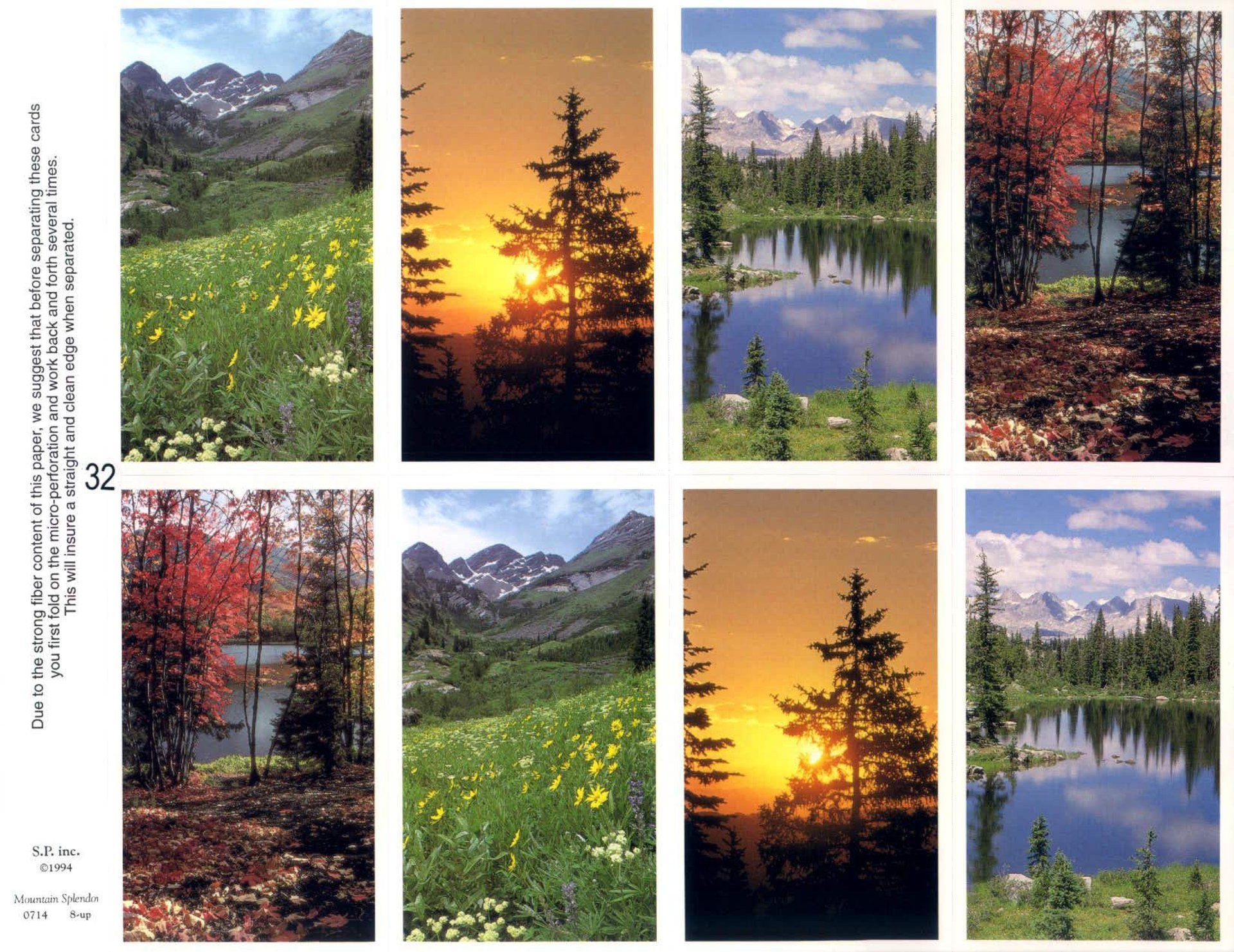 Eight landscape photos: mountains, lake, sunset, and fields with different color lighting at varying times of the day.