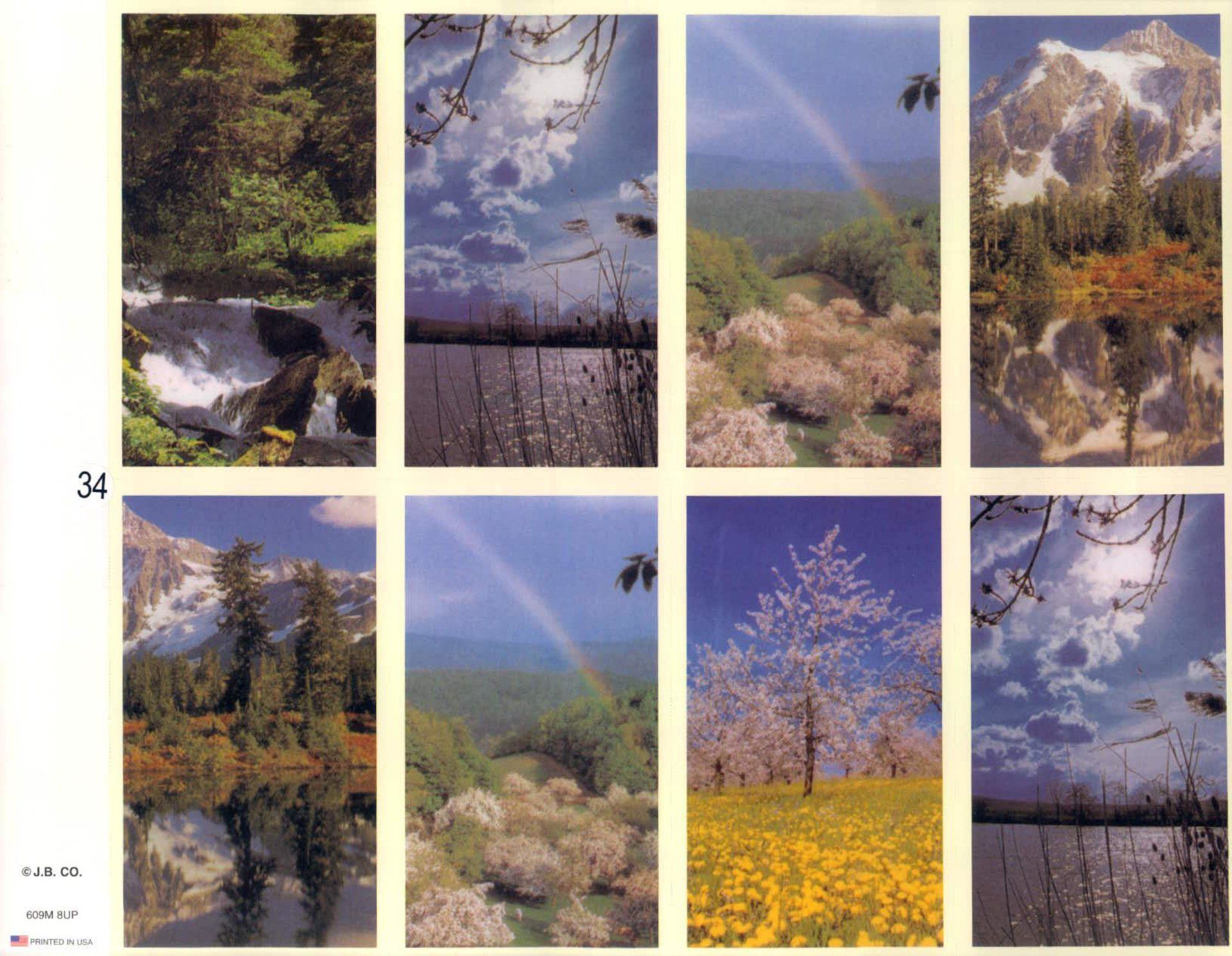 Eight vertical panels of nature scenes: forests, lakes, mountains, rainbows, flowering trees.