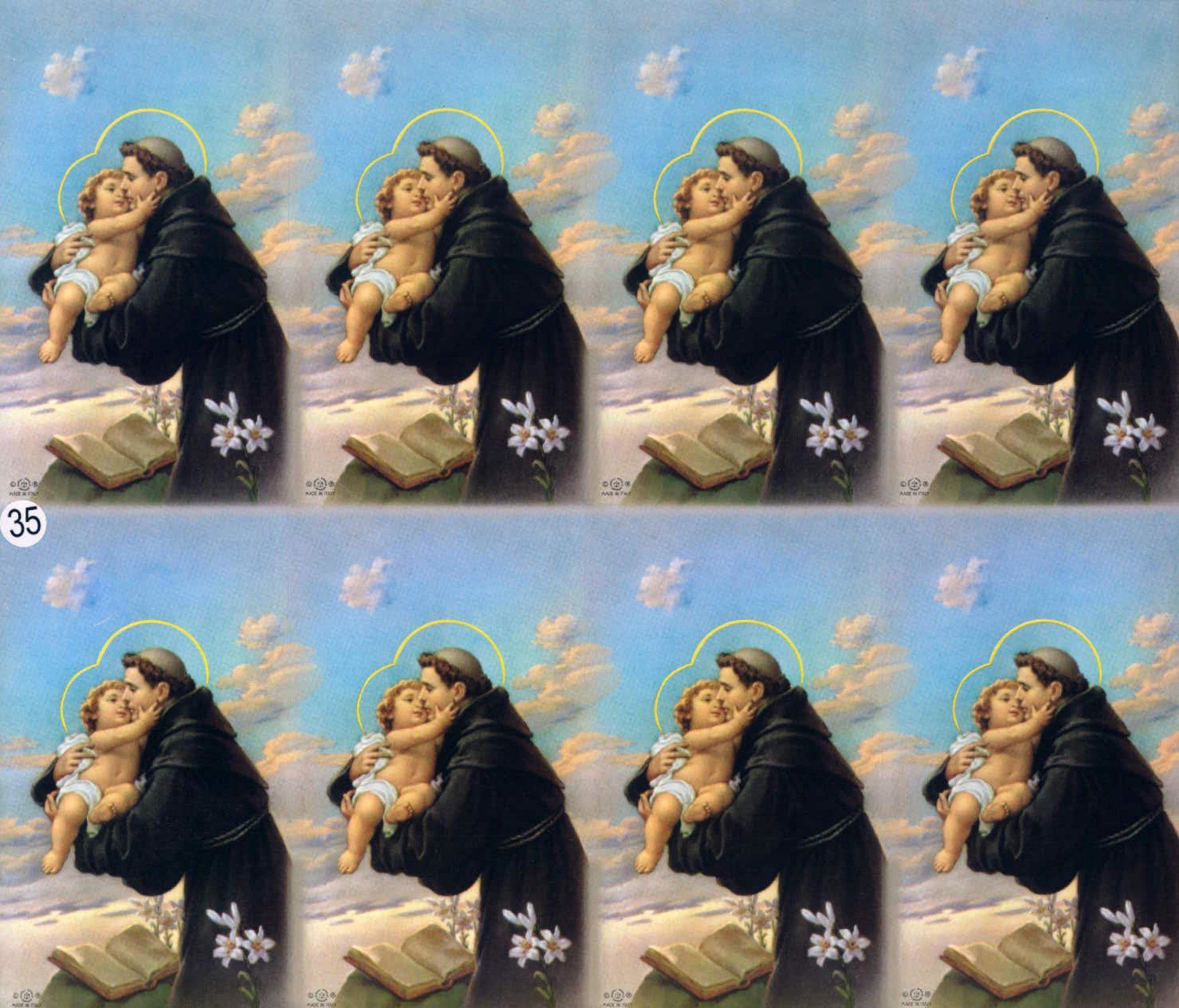 Saint Anthony holding baby Jesus, both with halos, against a blue and cloud background.