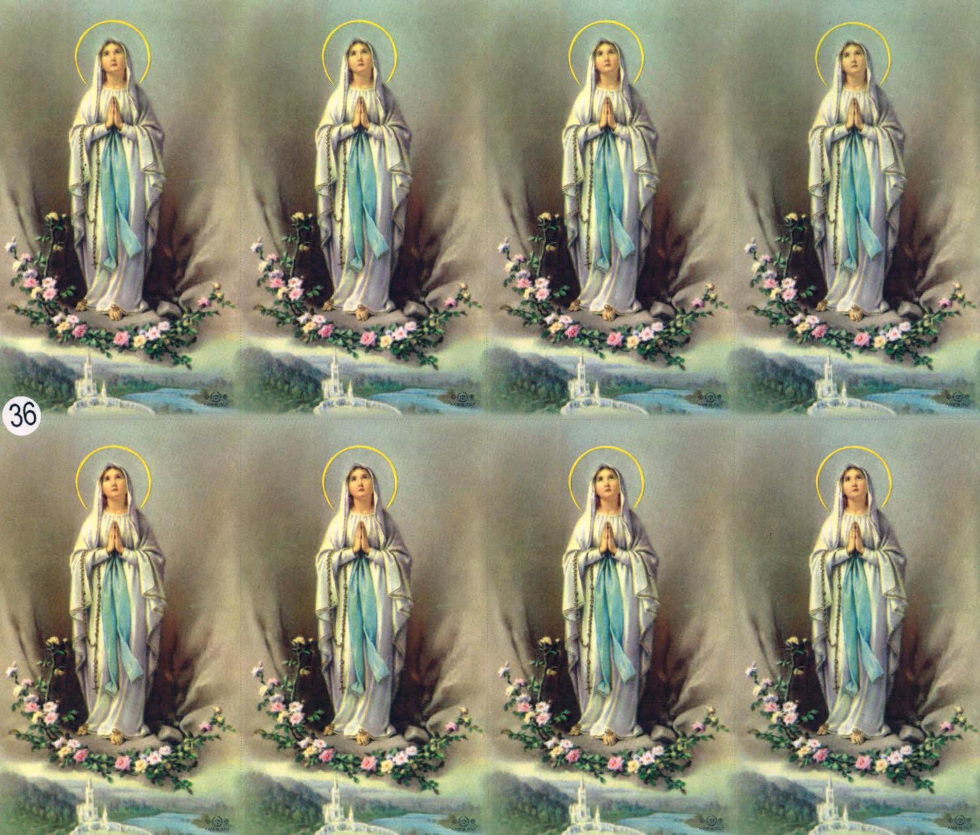 Eight depictions of the Virgin Mary in white and blue robes, hands clasped in prayer, haloed, standing on flowers.