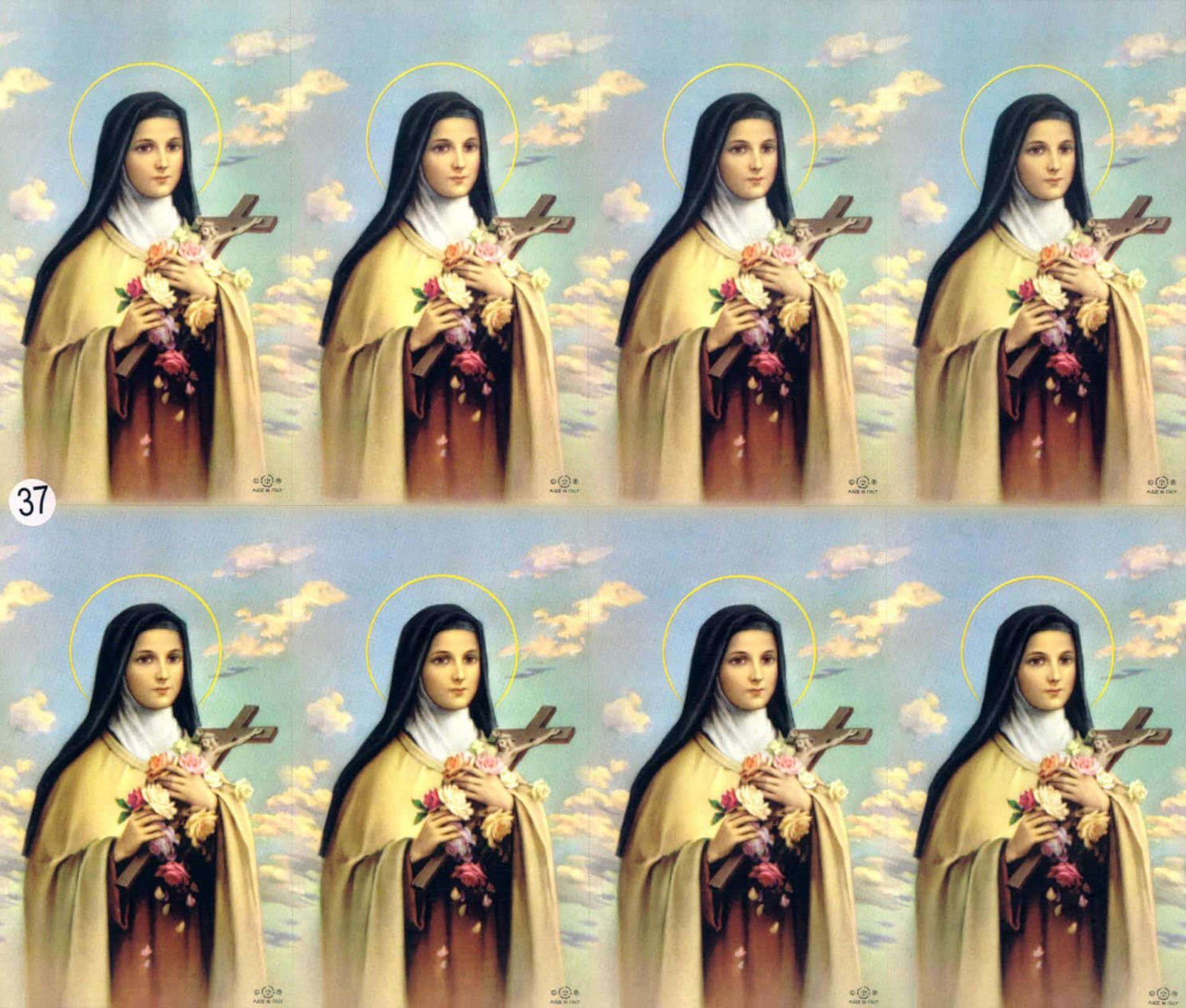 Eight images of St. Thérèse of Lisieux, holding flowers and a cross, with a halo, against a sky background.