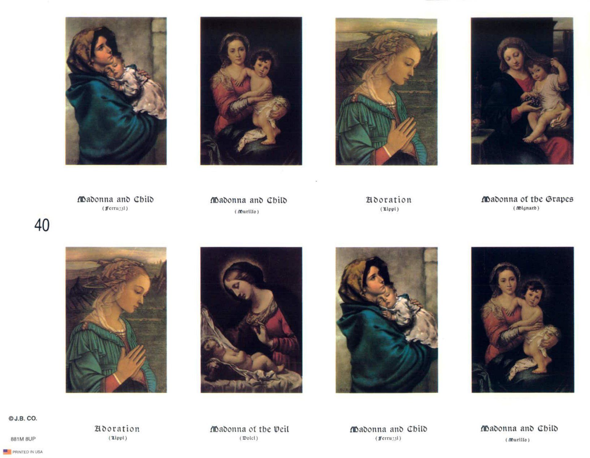 Eight paintings of Madonna with child. They show a woman holding a baby, in various poses and settings.