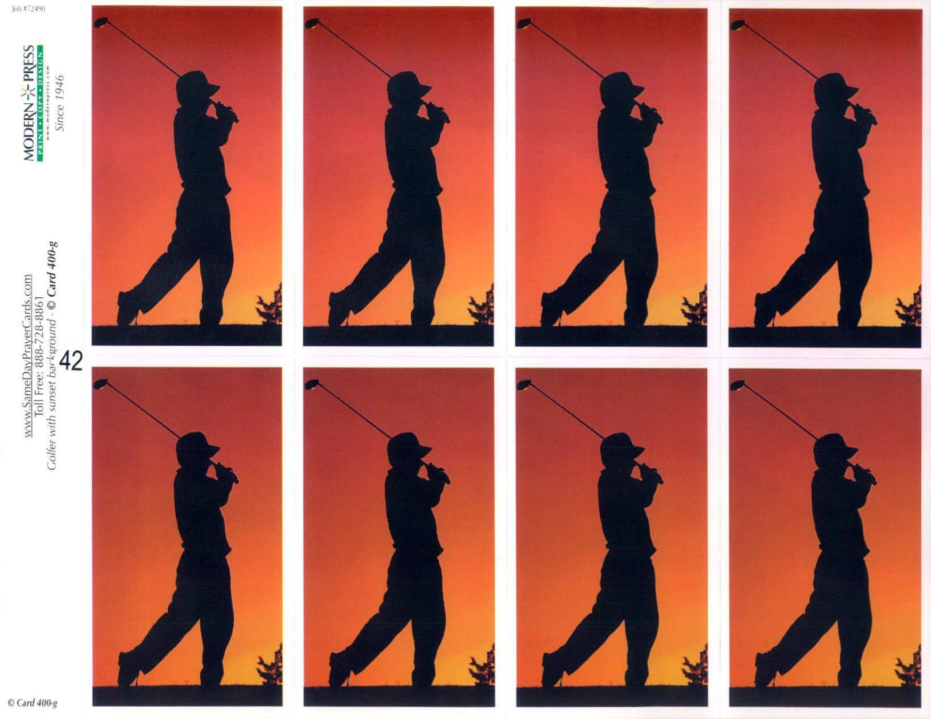 Silhouette of a golfer swinging on a sunset background, shown in eight frames.