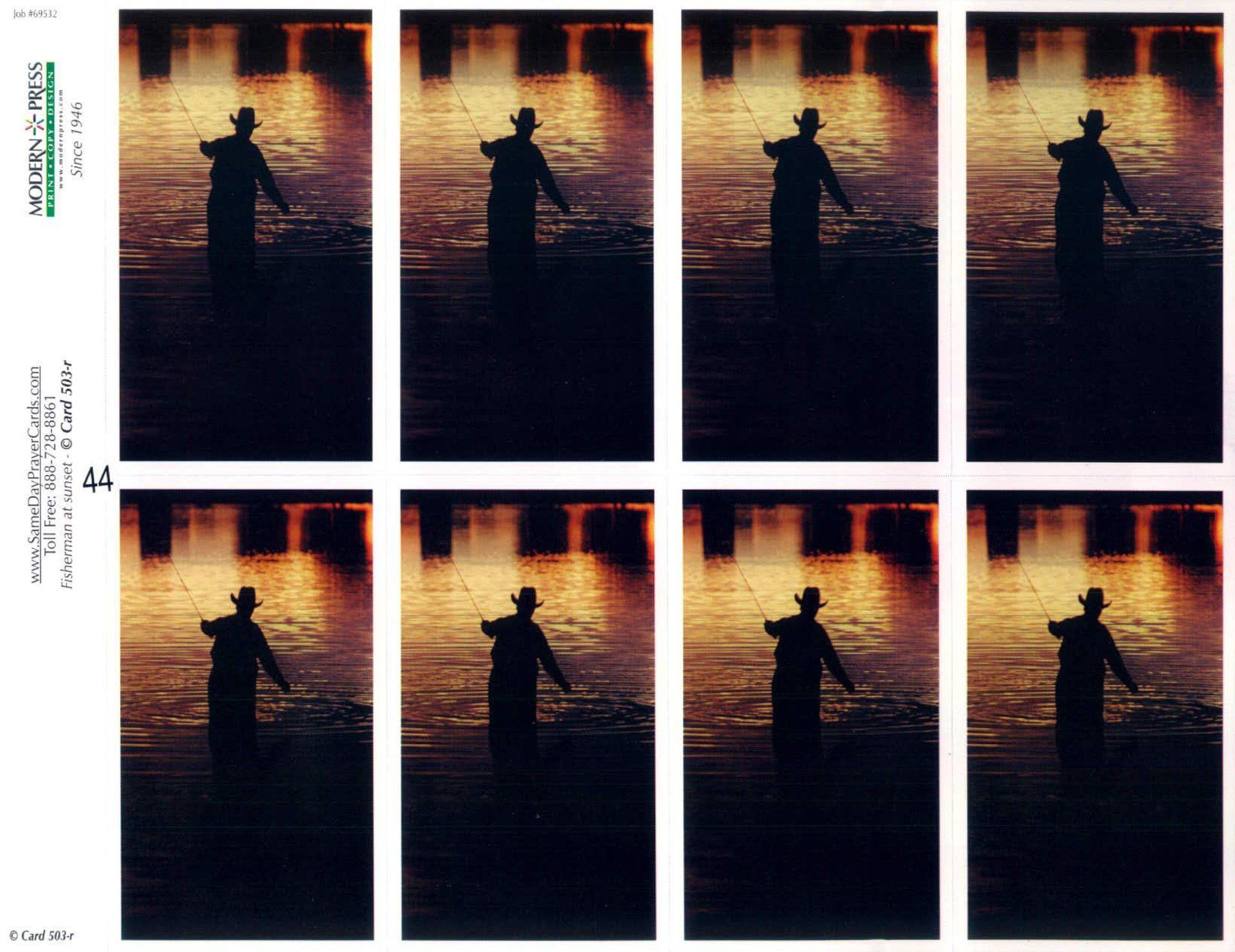 Silhouette of a person with a hat wading in water with a colorful sunset in the background.