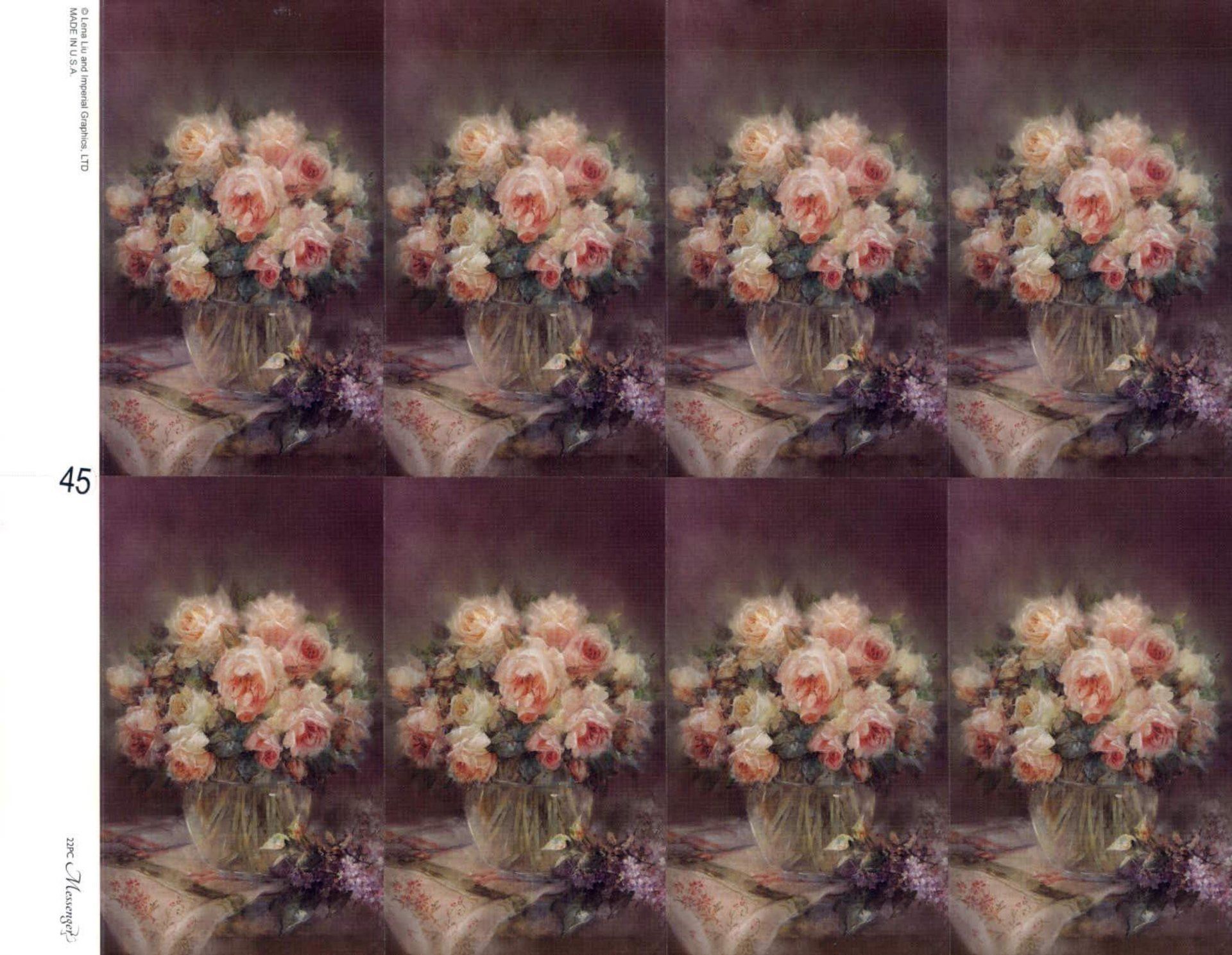 Eight identical floral still-life paintings with pink roses in a vase. Purple background.