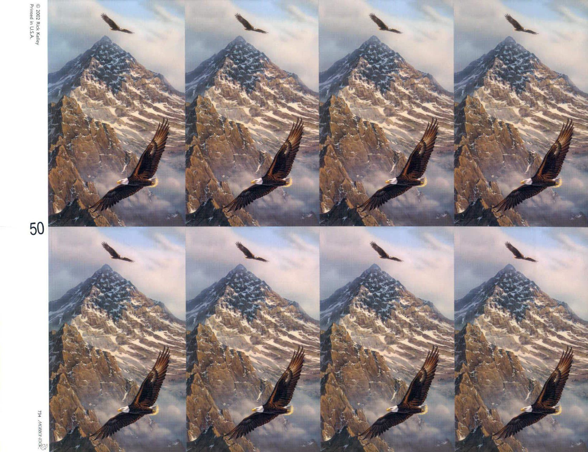 Eight panels: eagle soaring above snow-capped mountain, blue sky.