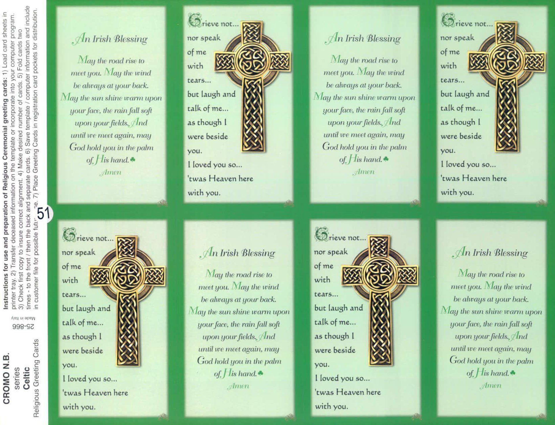 Eight Irish blessing greeting cards featuring Celtic crosses and poems on green backgrounds.