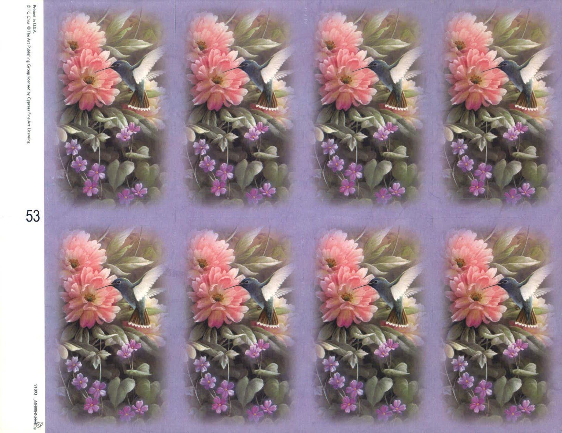 Sheet of eight postage stamps featuring a hummingbird with pink flowers and purple foliage.