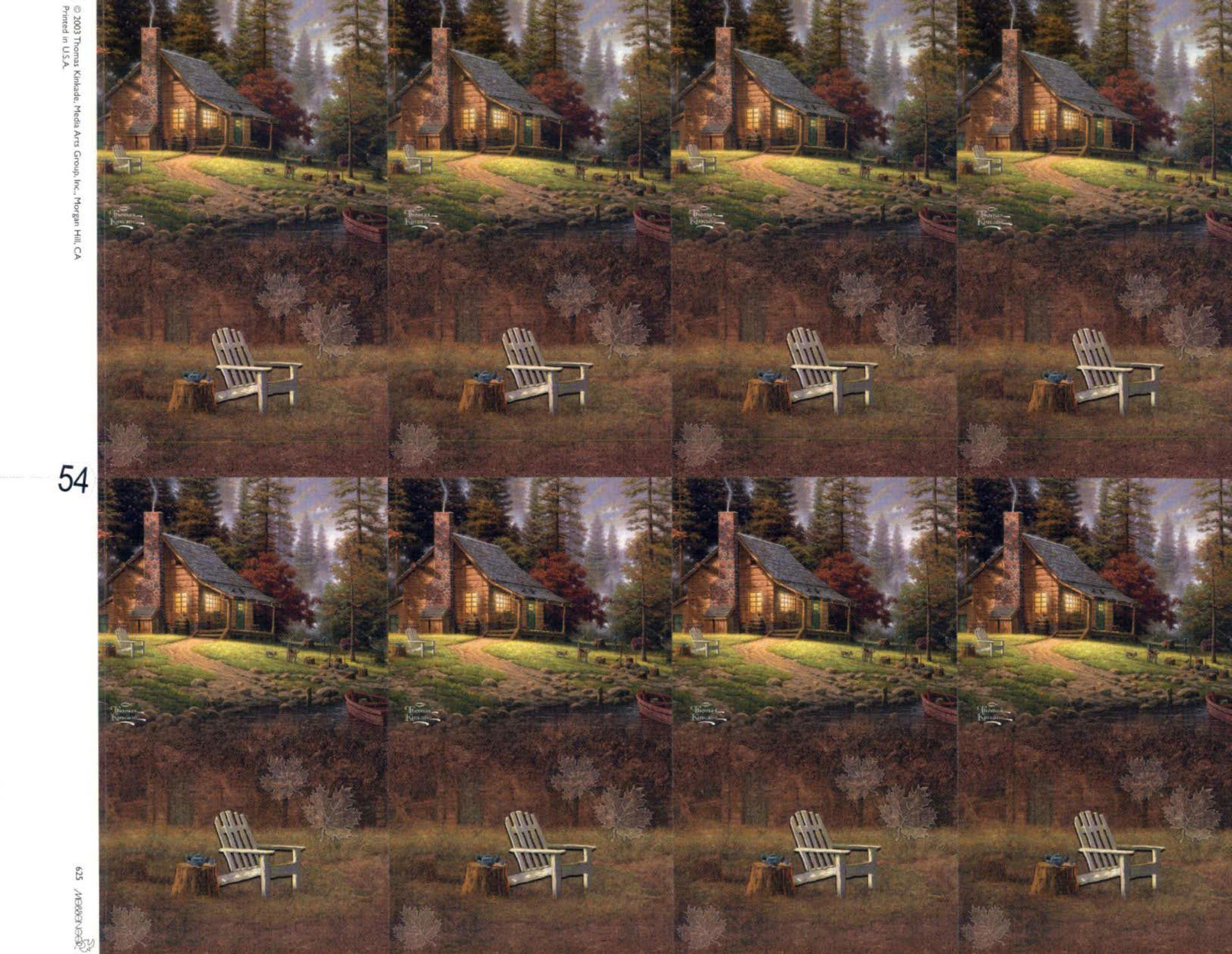 Rows of a rustic cabin and a white bench in a grassy field.