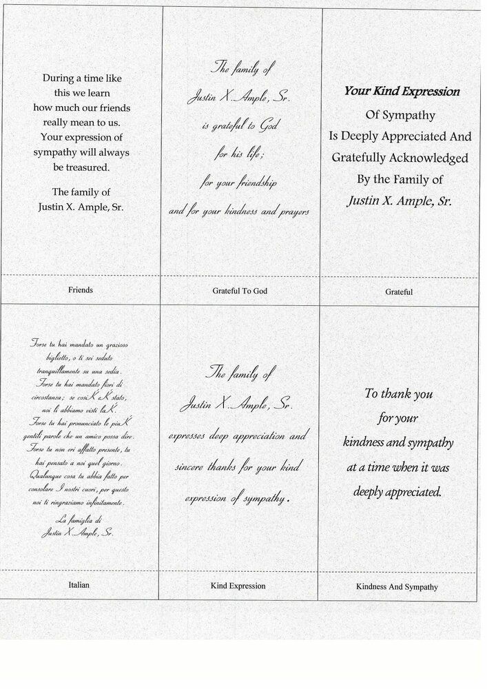 A trifold sympathy card with text thanking those for support and condolences for the family of James N. Ampleton.
