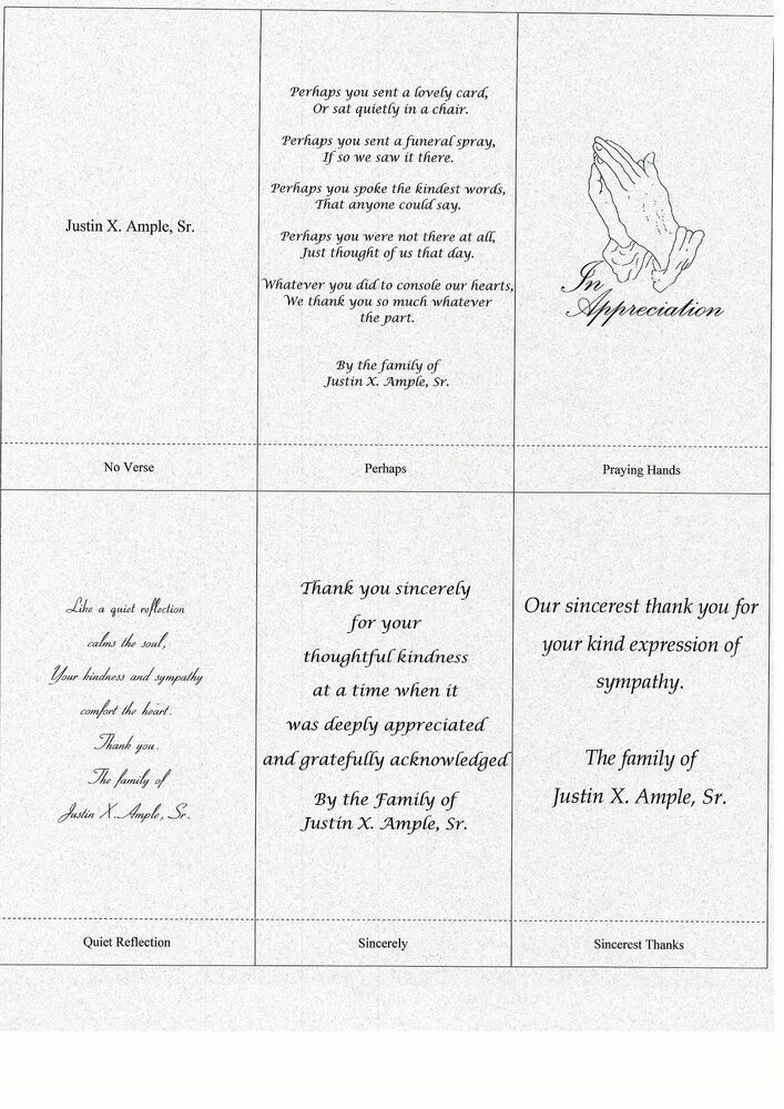 Triptych memorial card with a praying hands graphic. Verses, thank you messages, and family names are printed.