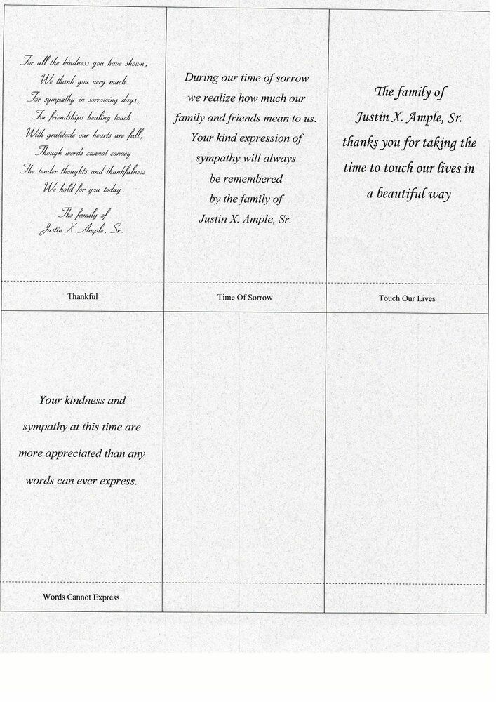 Three-panel funeral card with text, including a poem and thank you notes.