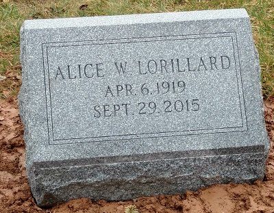 Gray granite headstone: Alice W. Lorillard, April 6, 1919 - Sept. 29, 2015, at a gravesite.