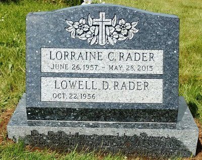 Headstone for Lorraine C. Rader (1957-2015) and Lowell D. Rader (born Oct 22, 1956), with cross and floral design.