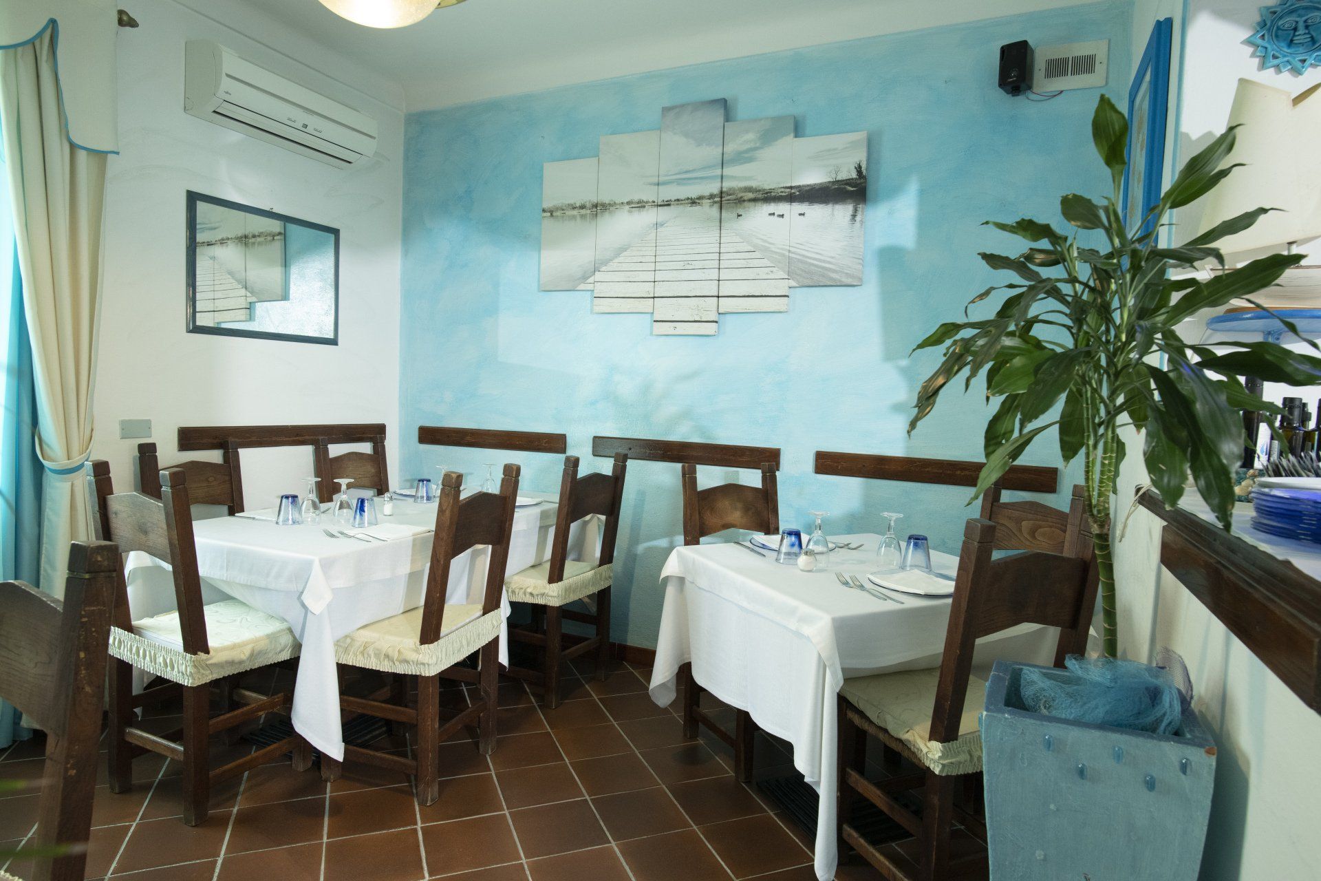 Una sala da pranzo con tavoli e sedie e una pianta